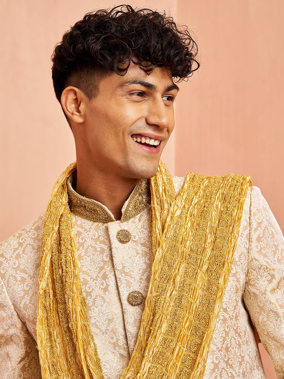 Men's Beige Jacquard Sherwani Pyjama Dupatta Set