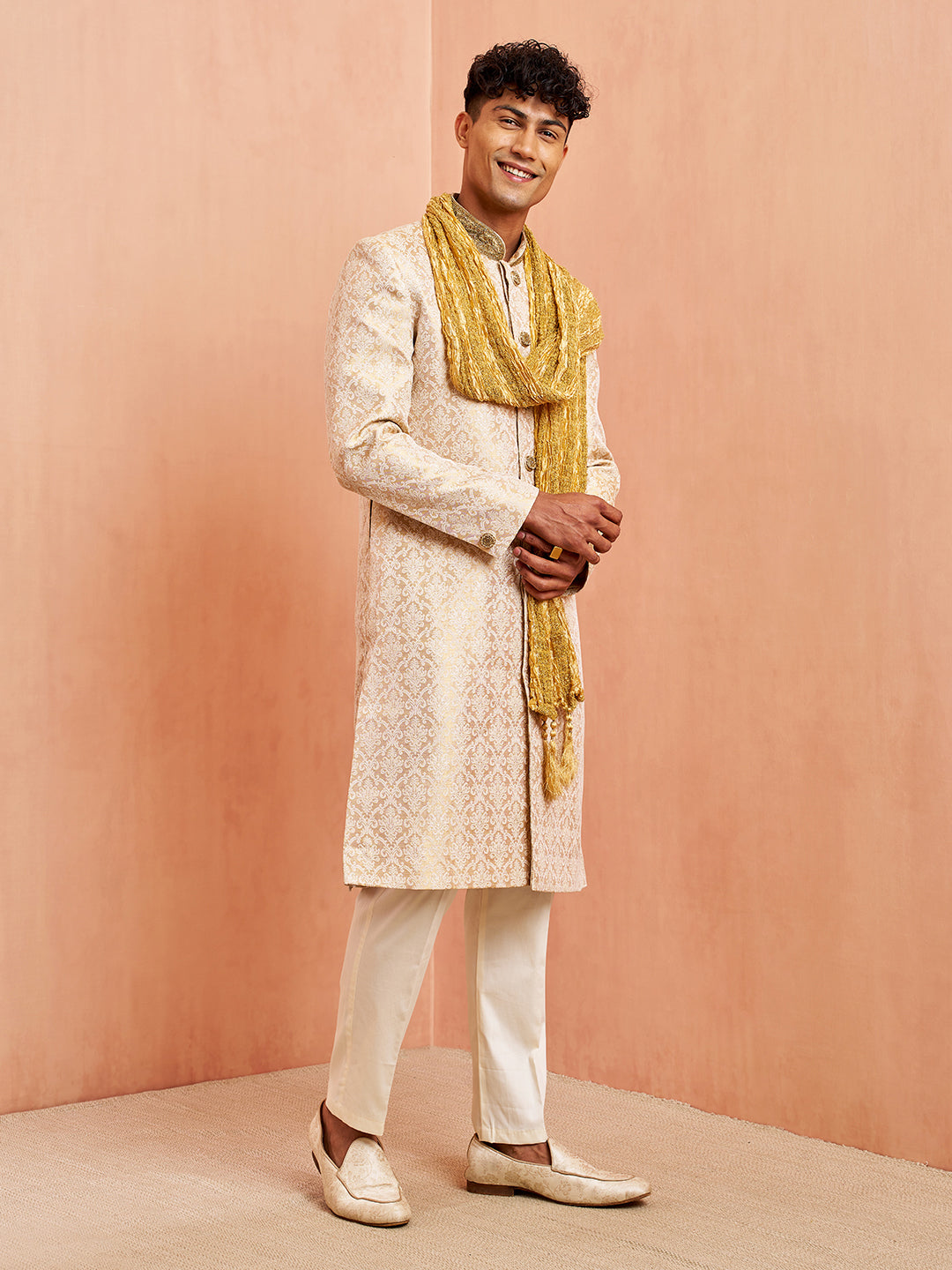 Men's Beige Jacquard Sherwani Pyjama Dupatta Set