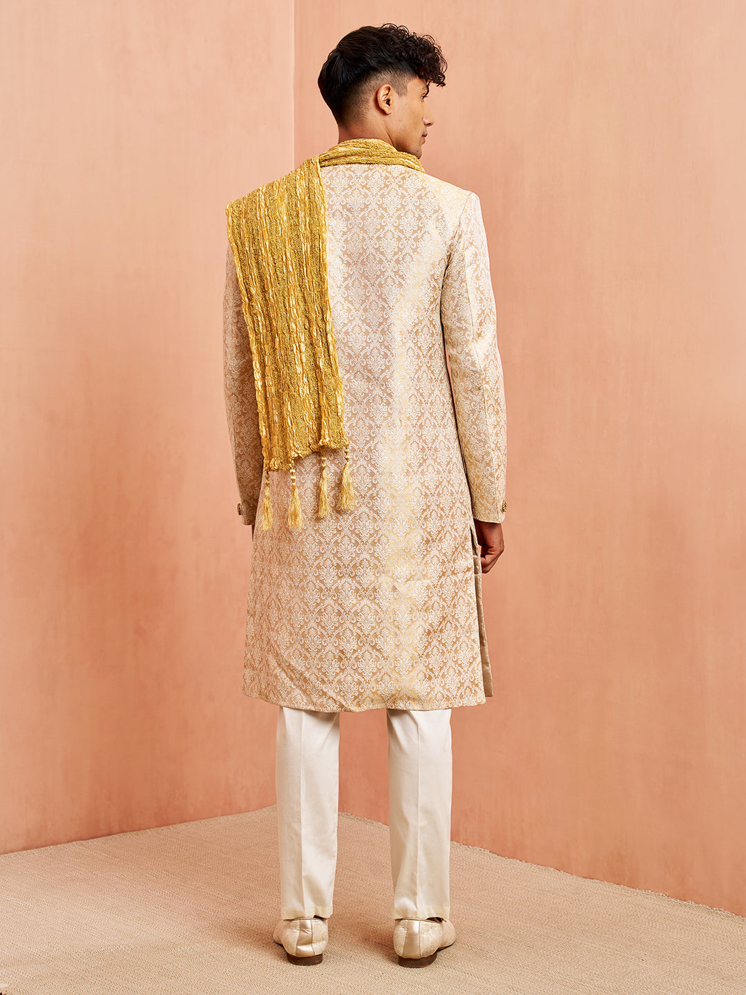 Men's Beige Jacquard Sherwani Pyjama Dupatta Set