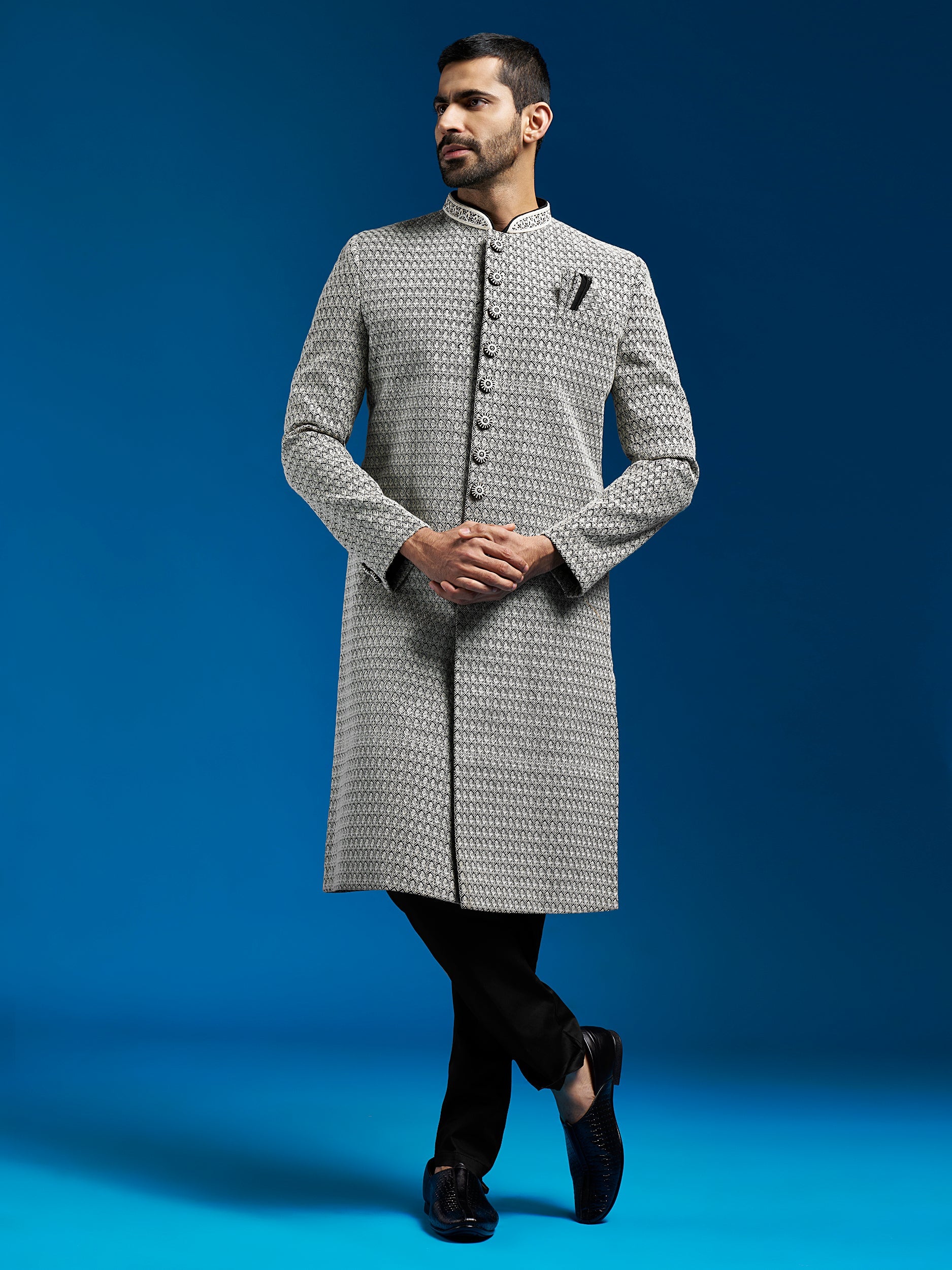 Men's Black Georgette Sherwani Set