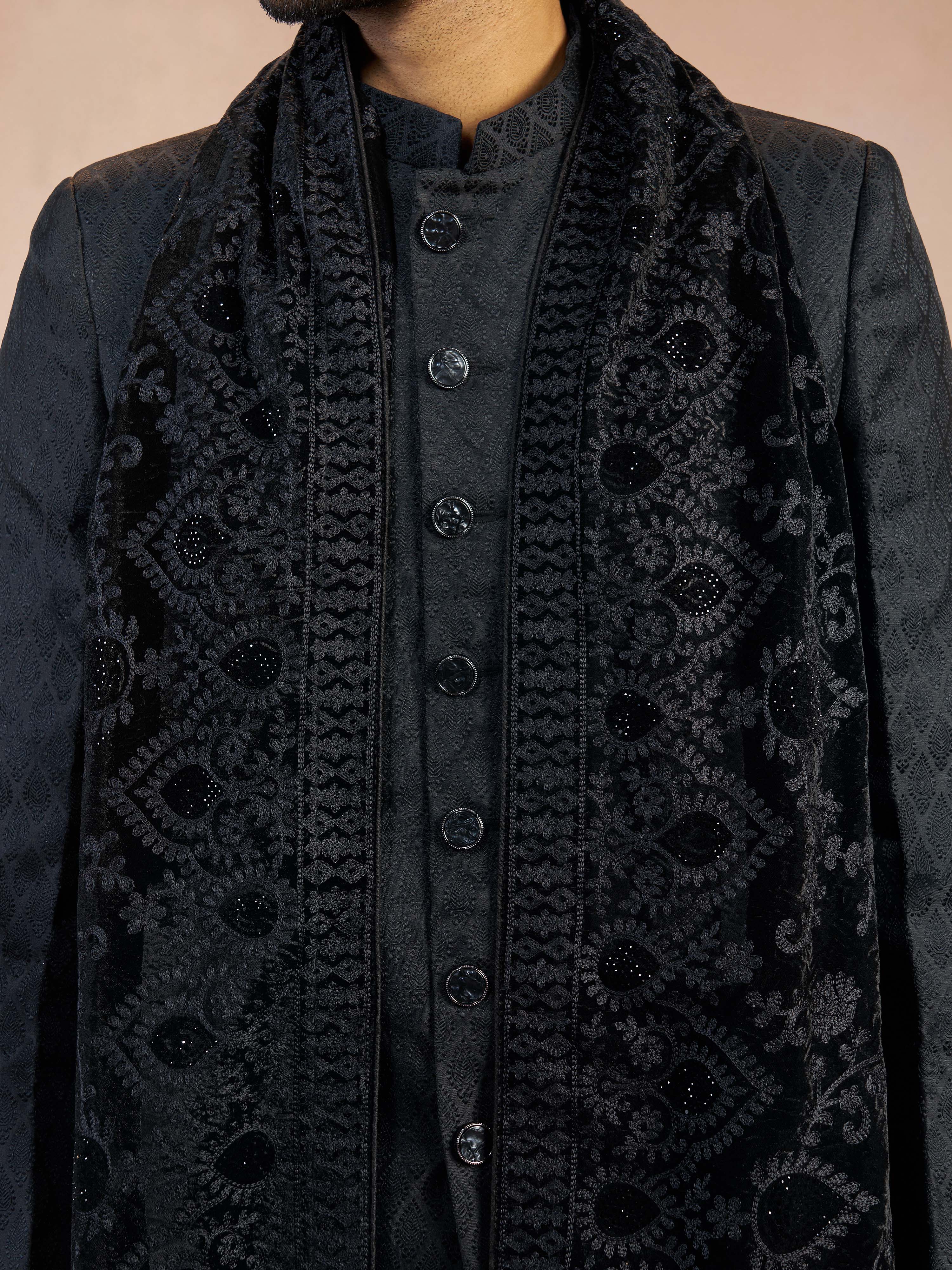 Men's Black Silk Blend Jacquard Sherwani with Black Viscose Pyjama & Black Velvet Thread Embroidery Dupatta Set