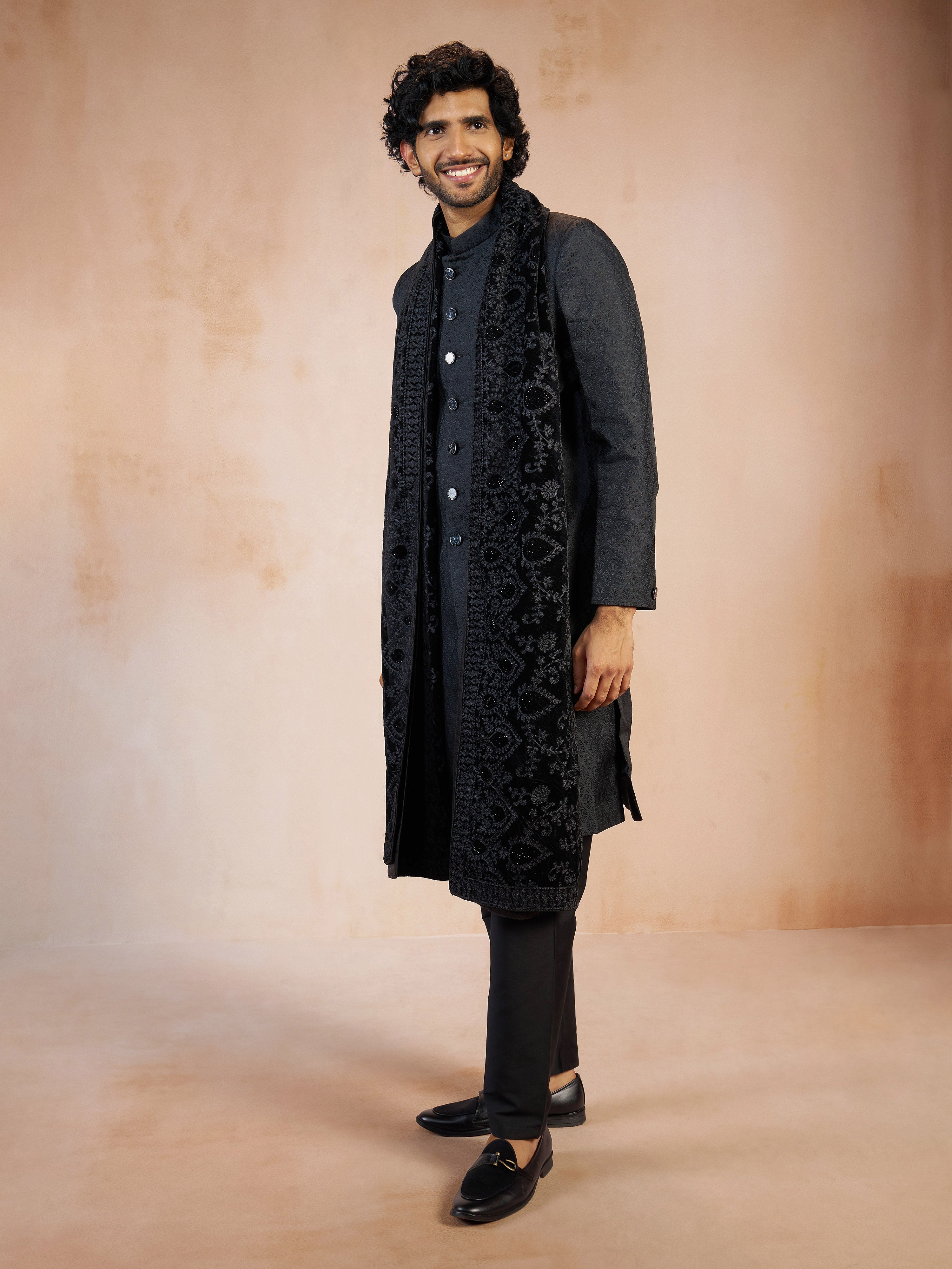 Men's Black Silk Blend Jacquard Sherwani with Black Viscose Pyjama & Black Velvet Thread Embroidery Dupatta Set