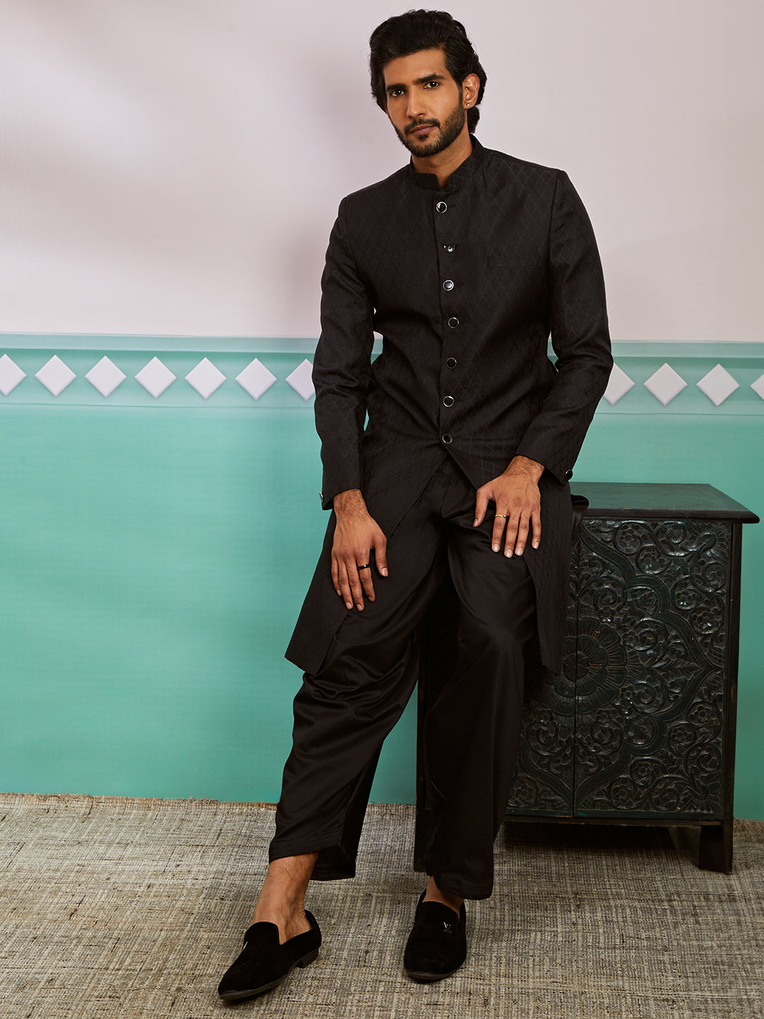 Men's Black Silk Blend Sherwani And Patiala Set