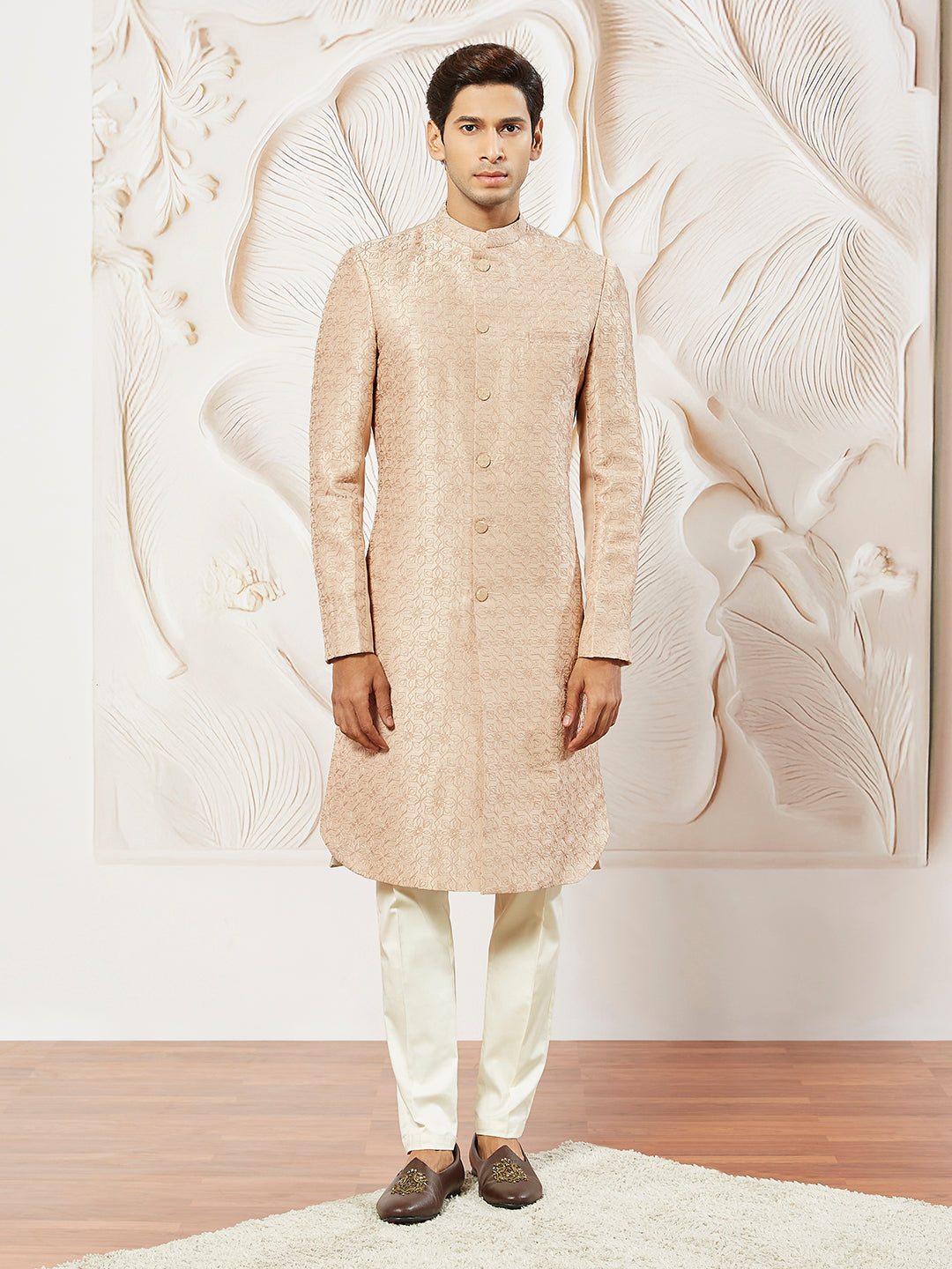 Men's Peach Silk Blend Sherwani And Pyjama Set