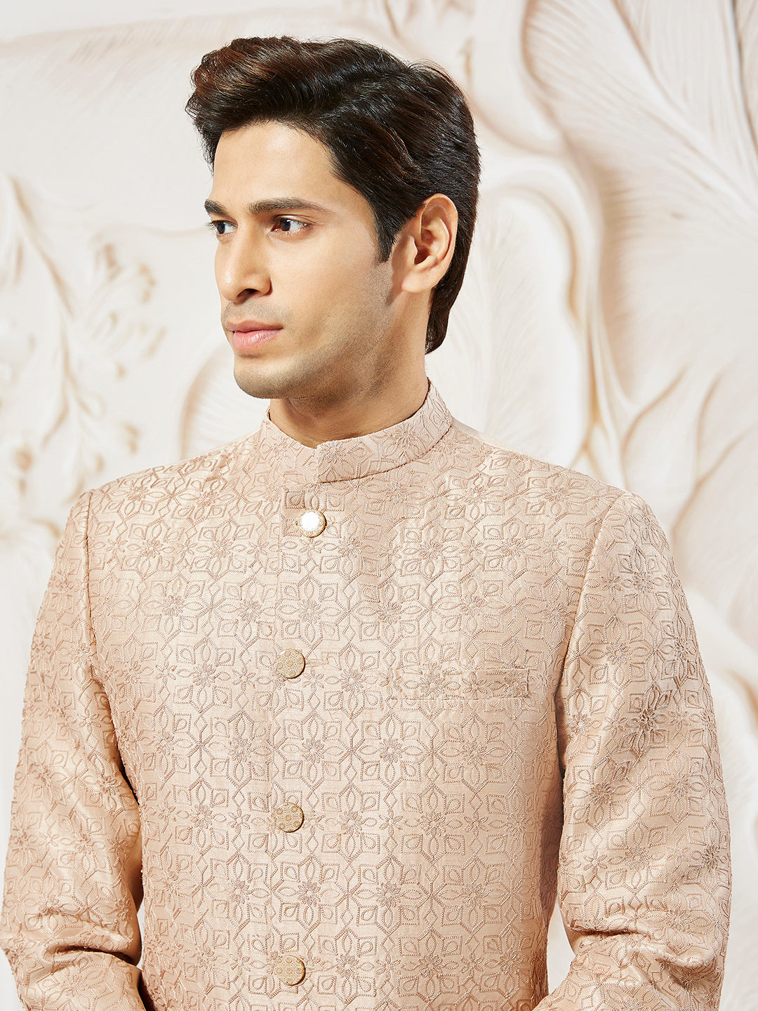 Men's Peach Silk Blend Sherwani And Pyjama Set