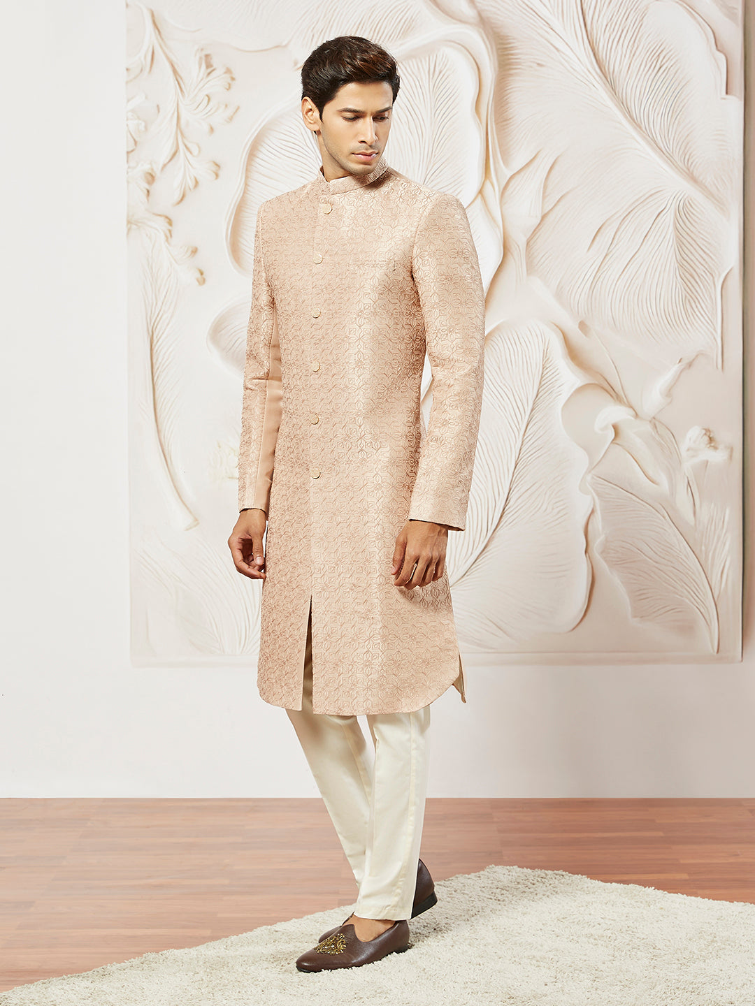Men's Peach Silk Blend Sherwani And Pyjama Set