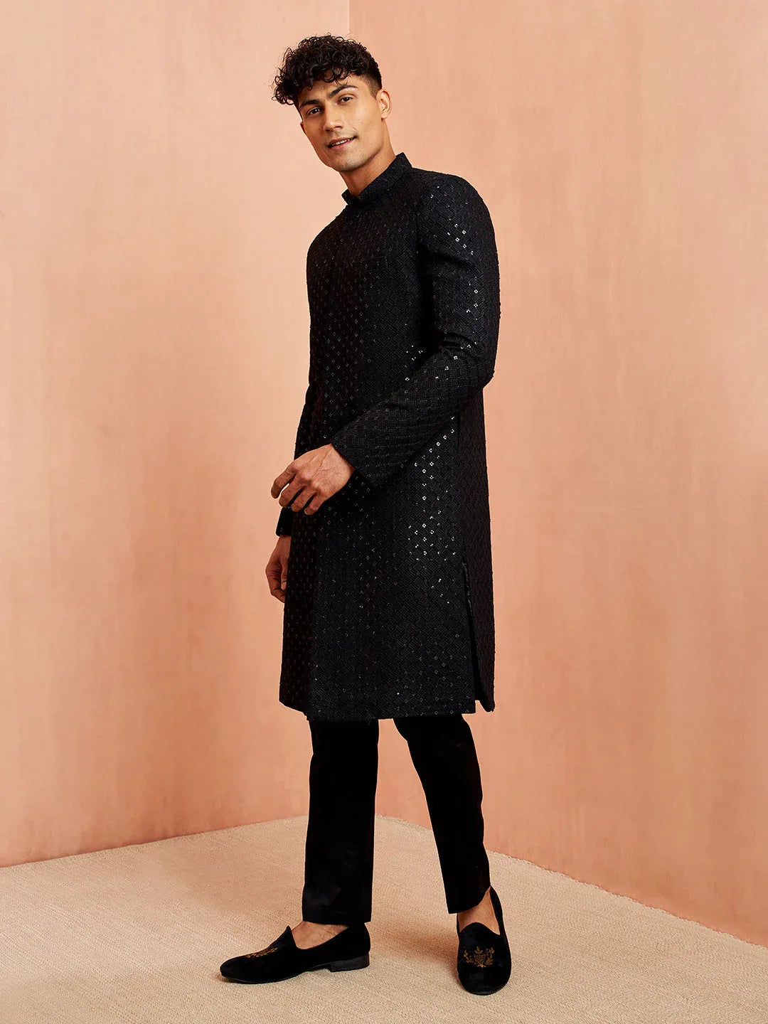 Men's Black Rayon Sherwani Set