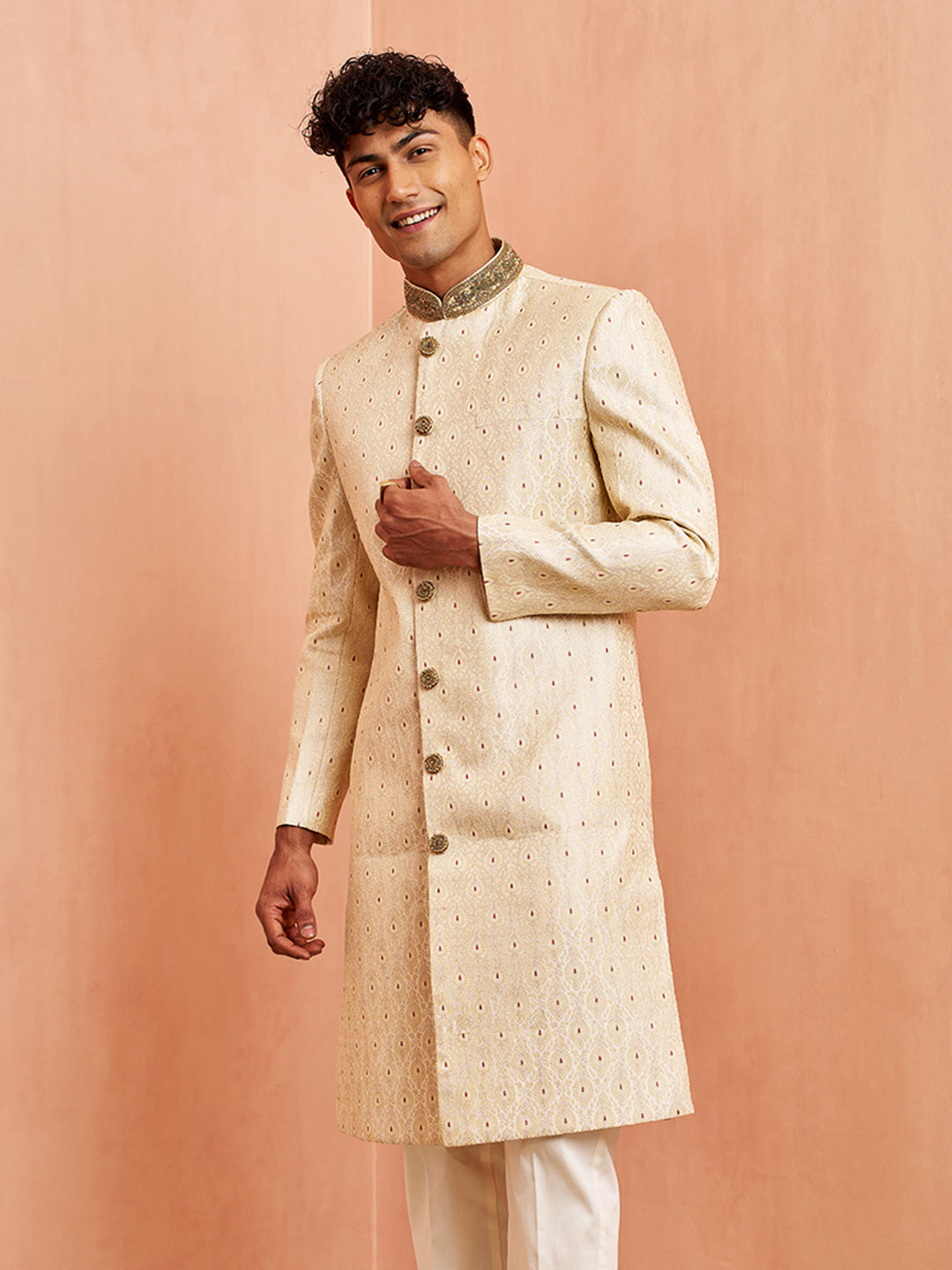 Vastramay Men Cream Silk Sherwani