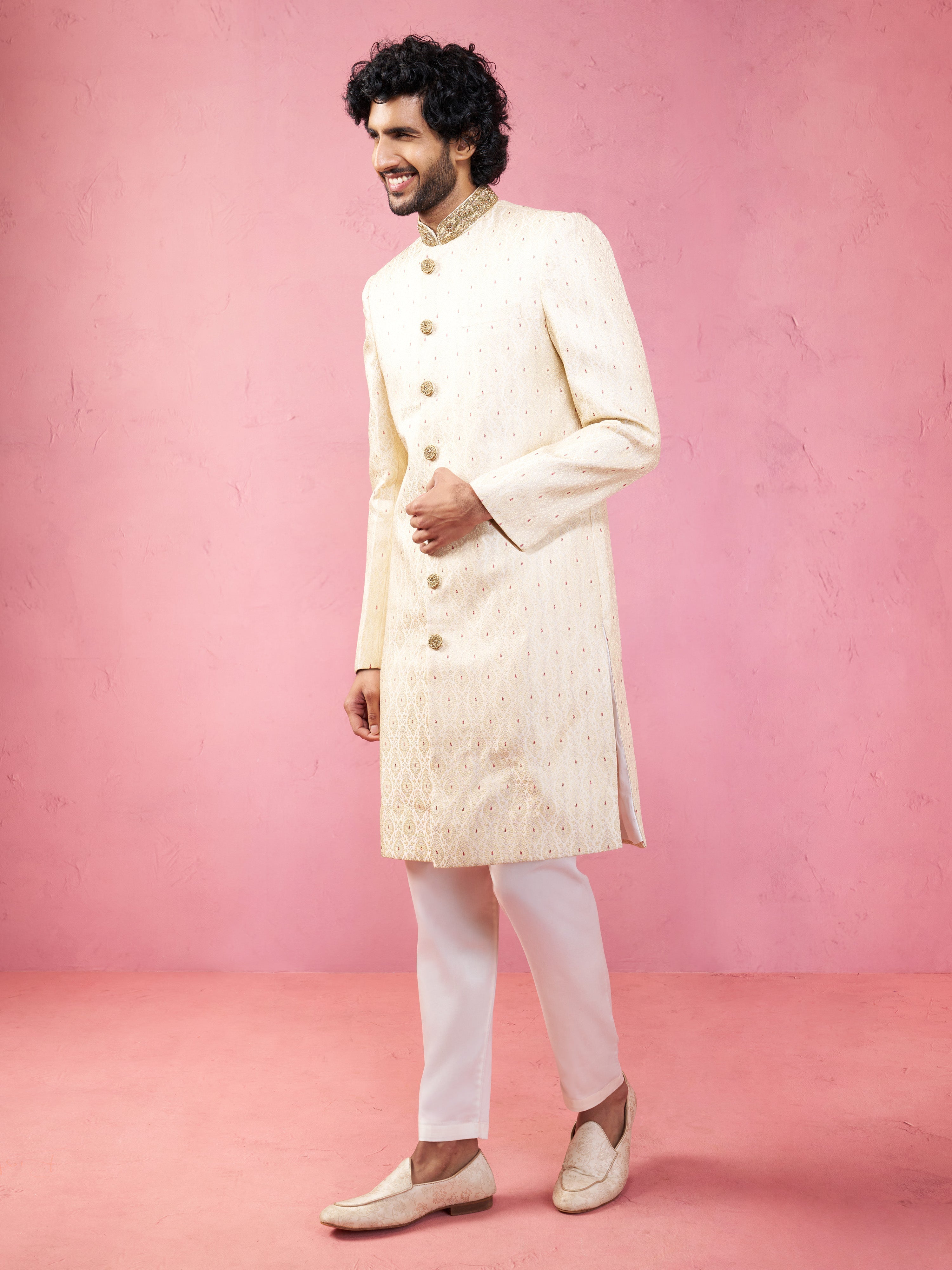 Men's Cream Silk Blend Sherwani Set with Maroon Motifs