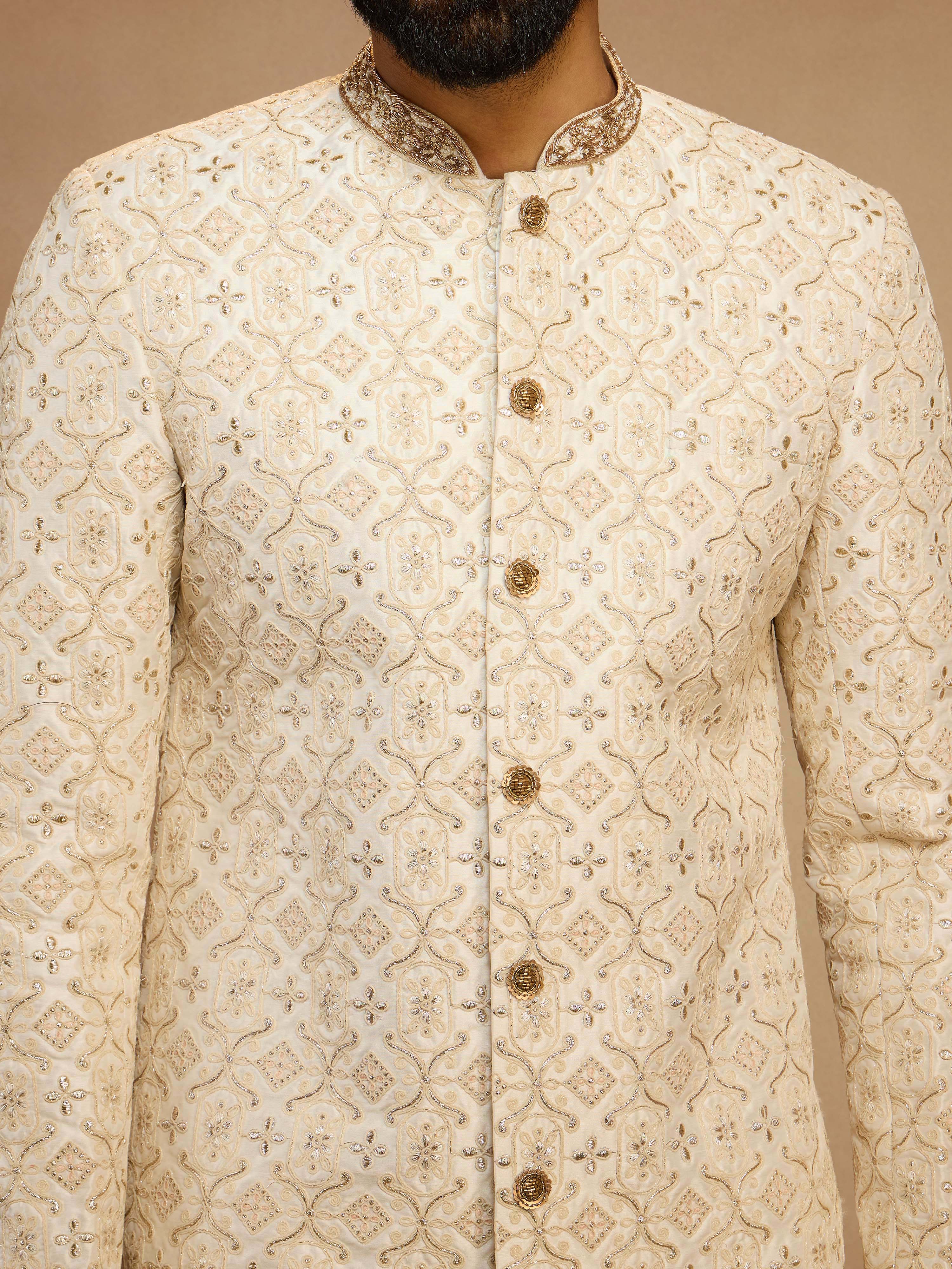 Men's White Zari Bead Floral Embroidered Silk Blend Sherwani with Cream Fine Satin Pyjama Set