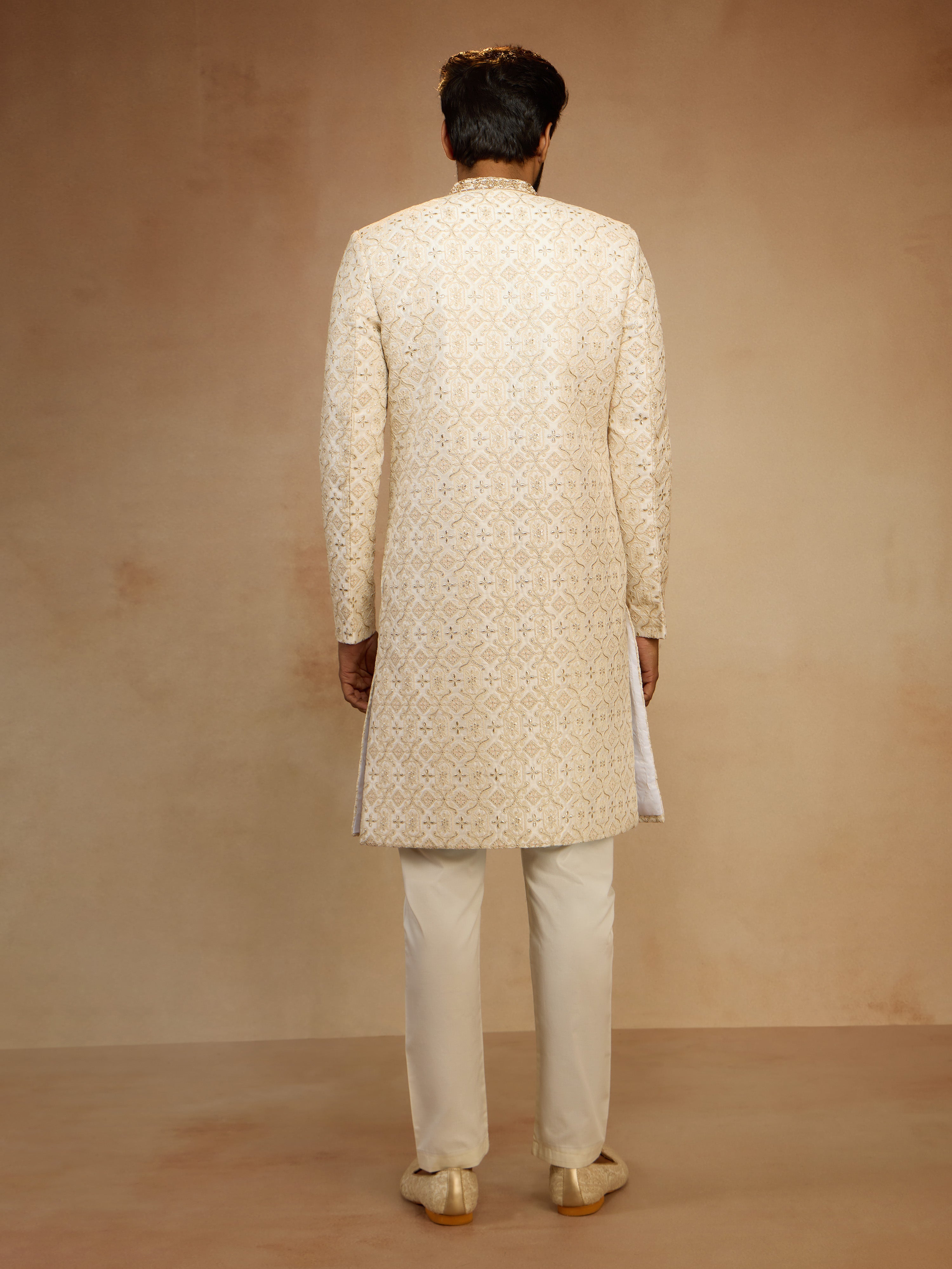 Men's White Zari Bead Floral Embroidered Silk Blend Sherwani with Cream Fine Satin Pyjama Set