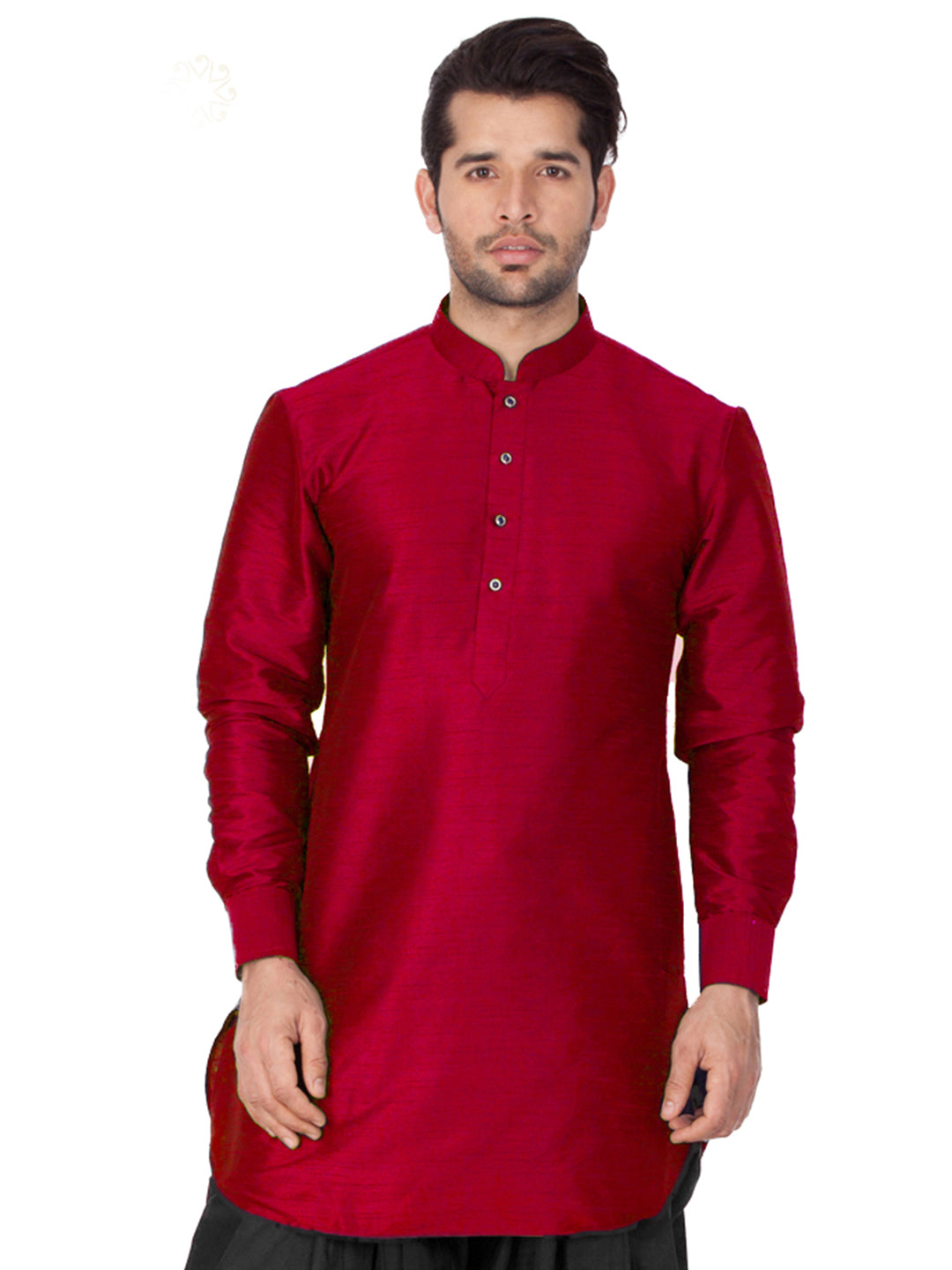 VASTRAMAY Men's Maroon Silk Blend Curved Kurta