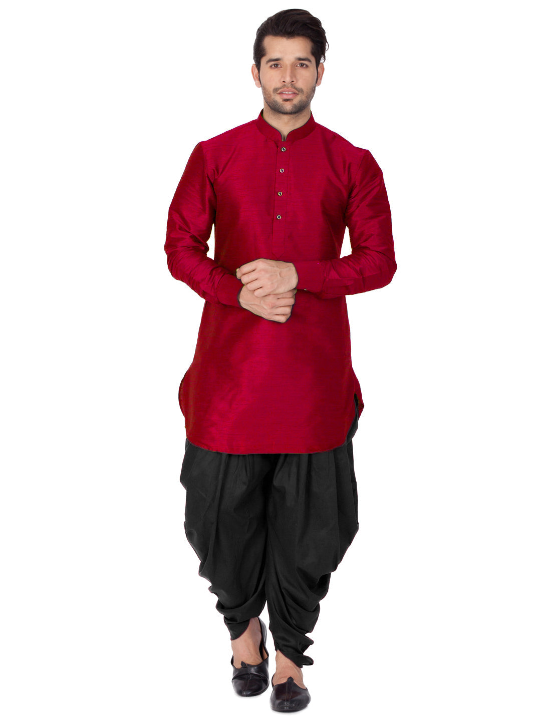 VASTRAMAY Men's Maroon Silk Blend Curved Kurta