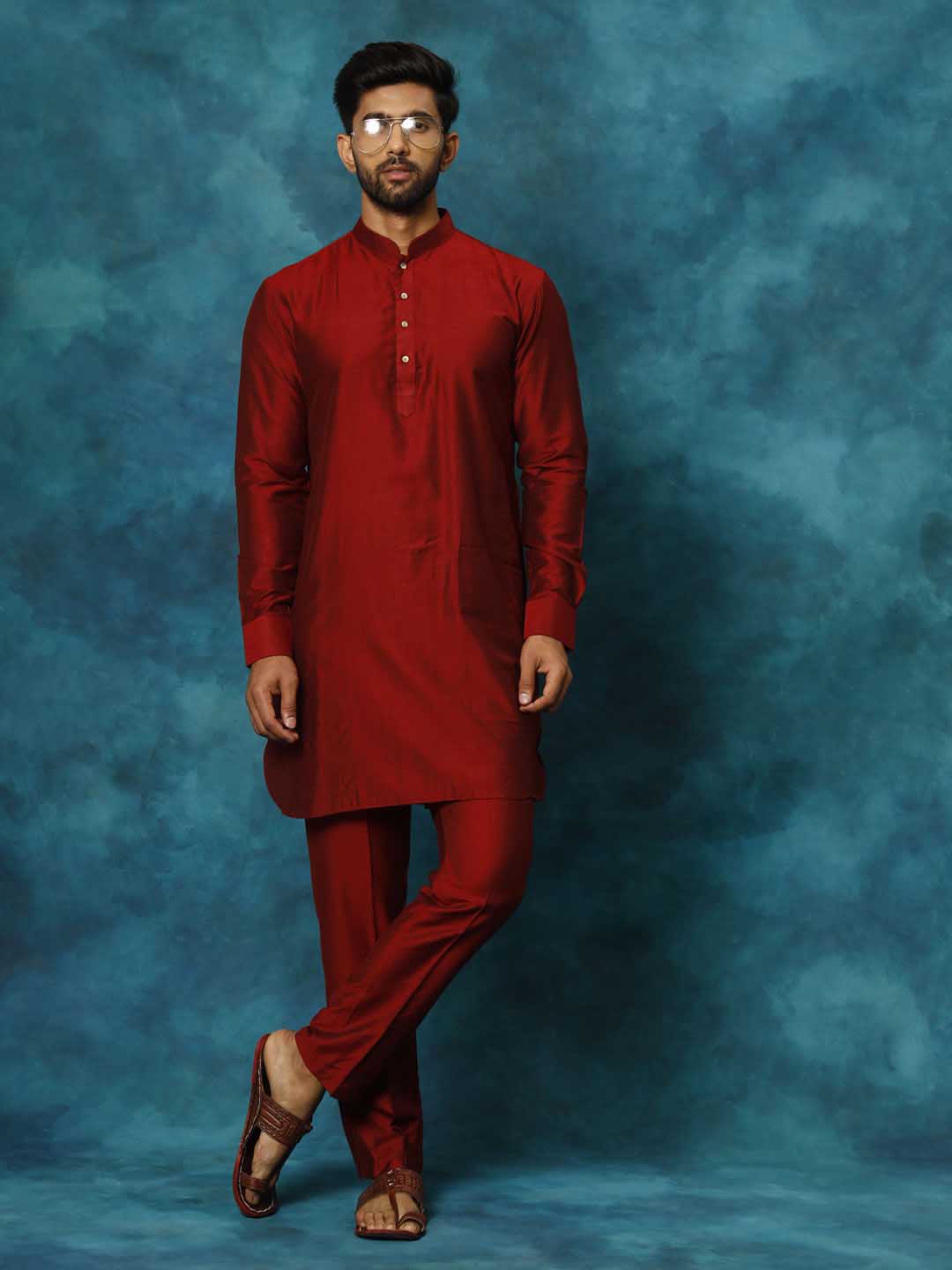 Men's Maroon Cotton Blend Curved Kurta