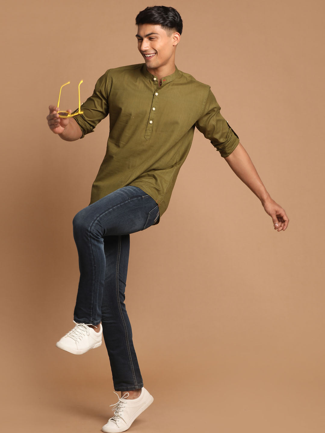 Men's Olive Green Short Cotton Kurta