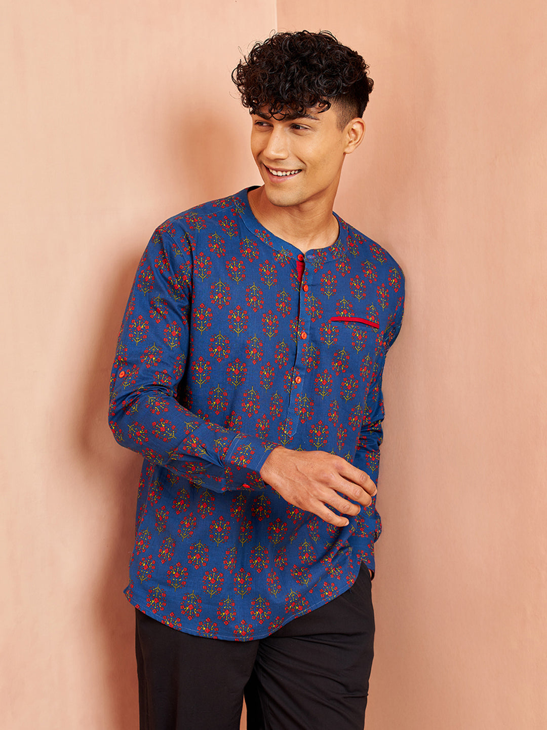 Men's Royal Blue Cotton Kurta Short Sleeve Band Collar Print