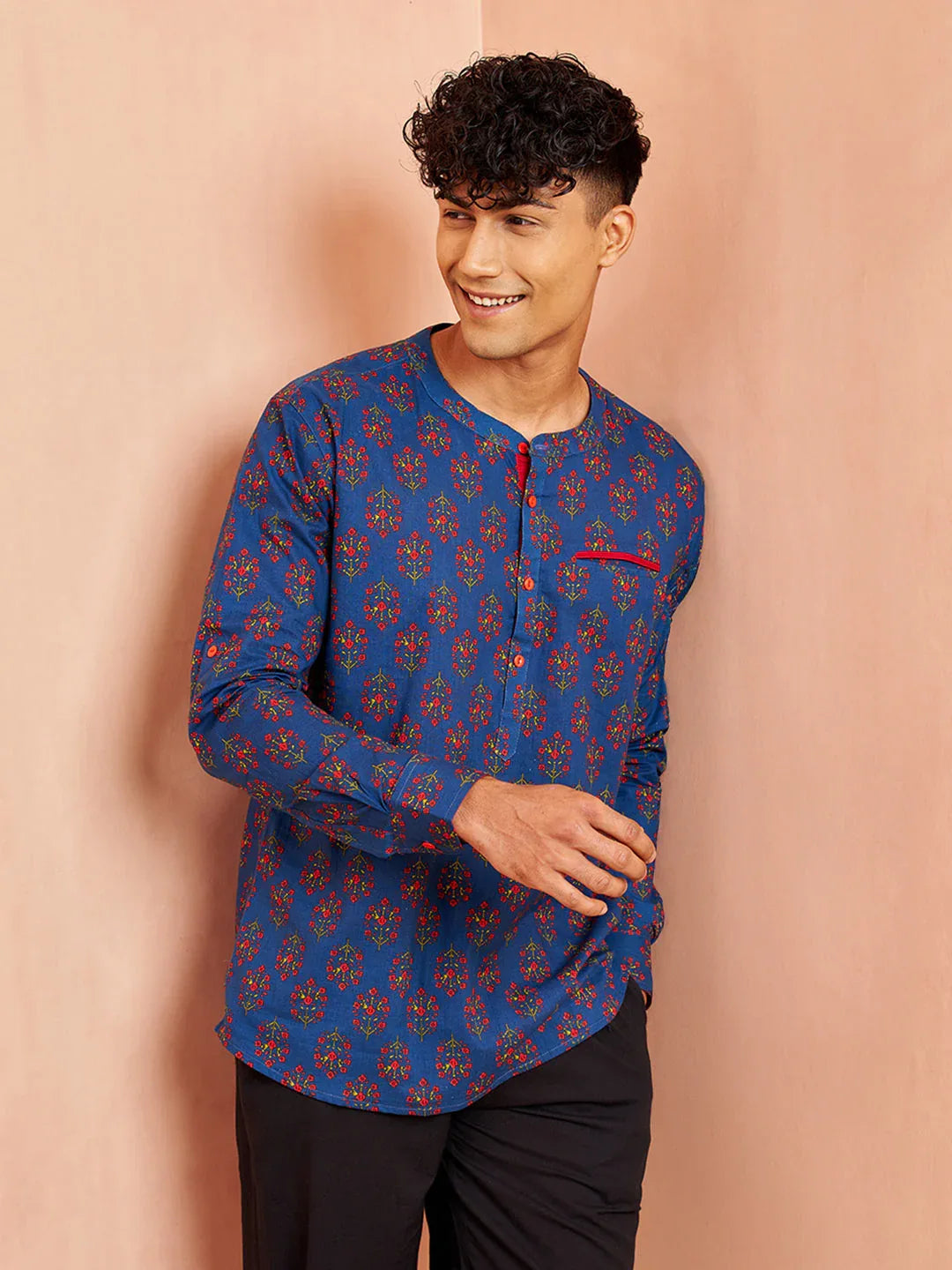 Men's Royal Blue Cotton Kurta Short Sleeve Band Collar Print
