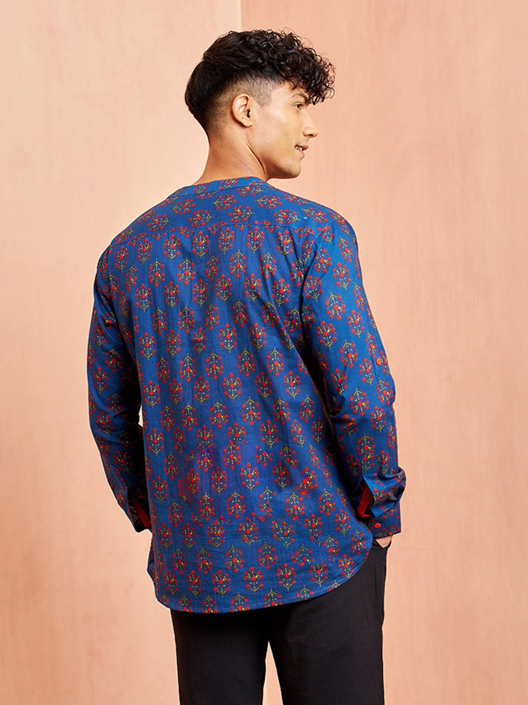 Men's Royal Blue Cotton Kurta Short Sleeve Band Collar Print