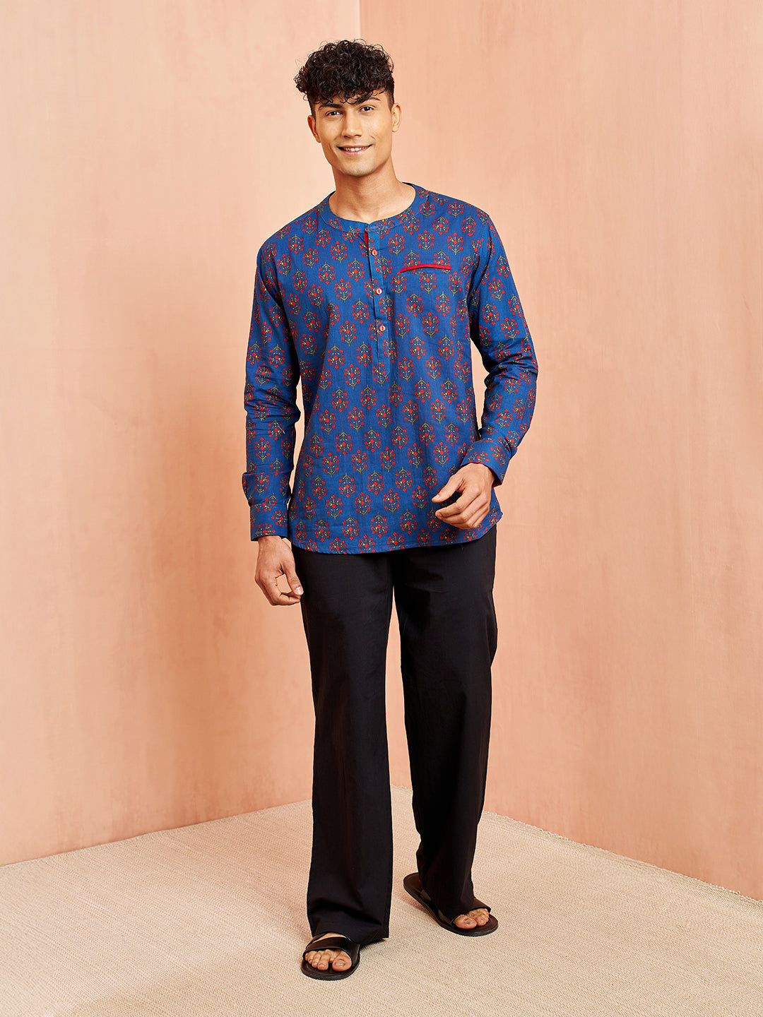 Men's Royal Blue Floral Print Kurta with Black Pant Set