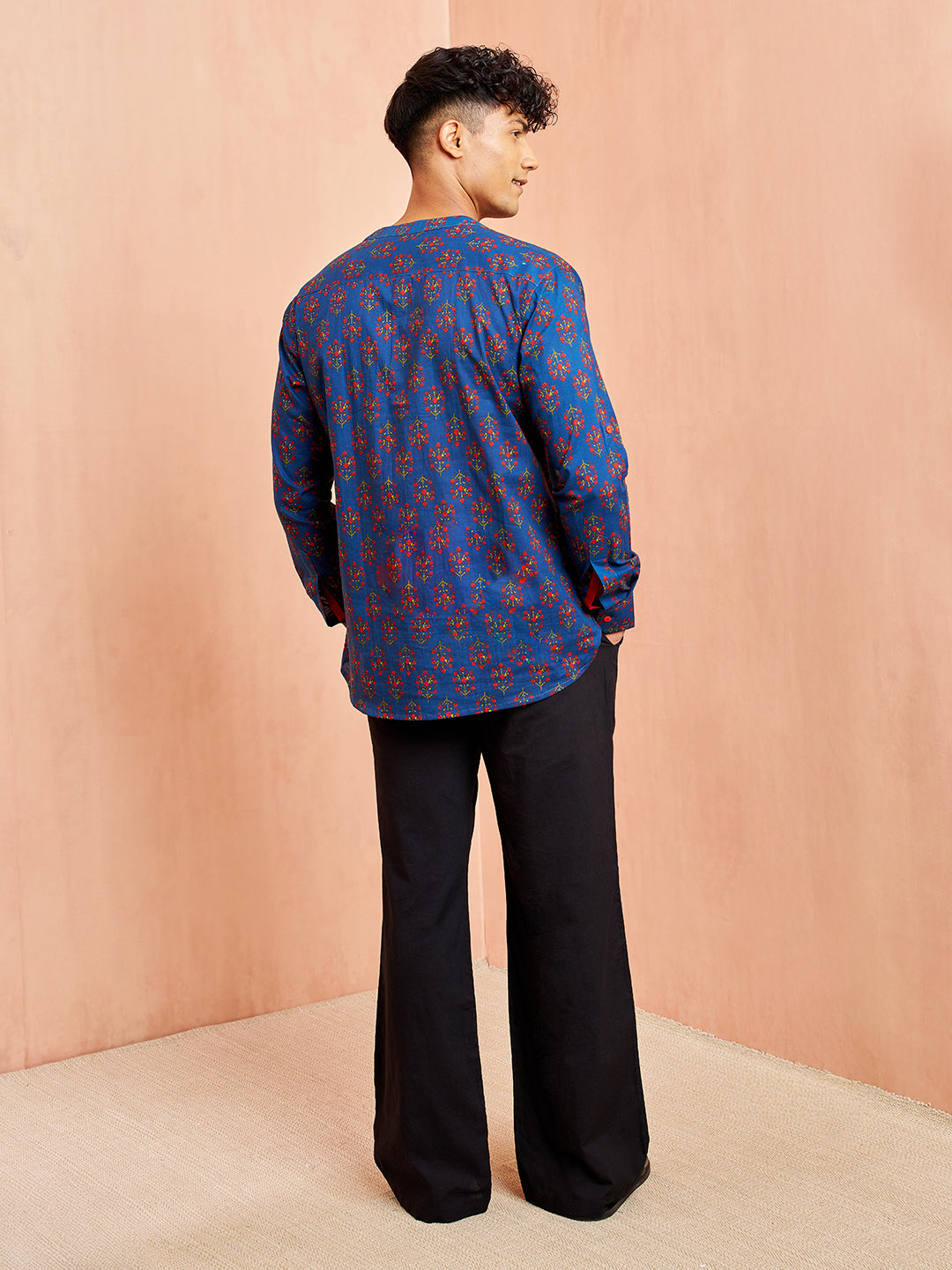 Men's Royal Blue Floral Print Kurta with Black Pant Set