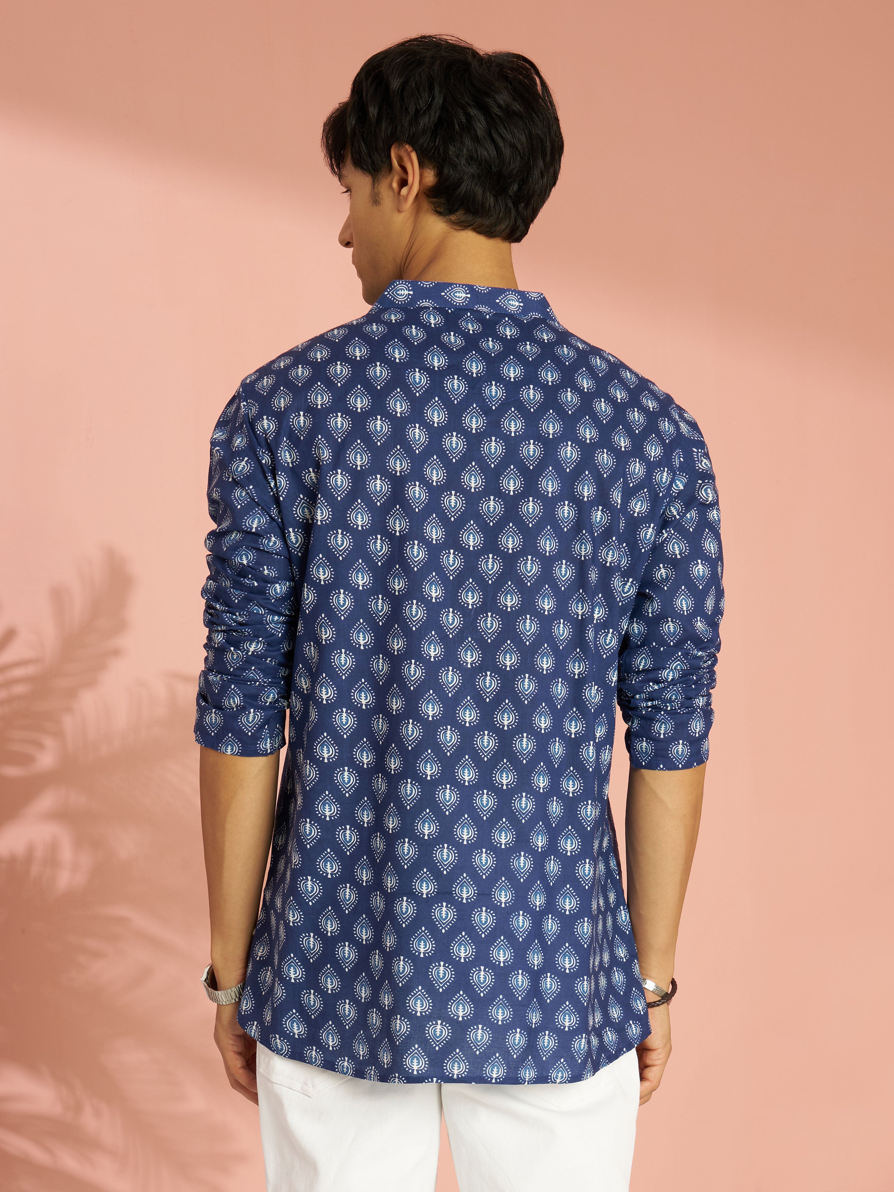 Men's Blue Indigo Ethnic Motif Print Cotton Short Kurta with Stand Collar