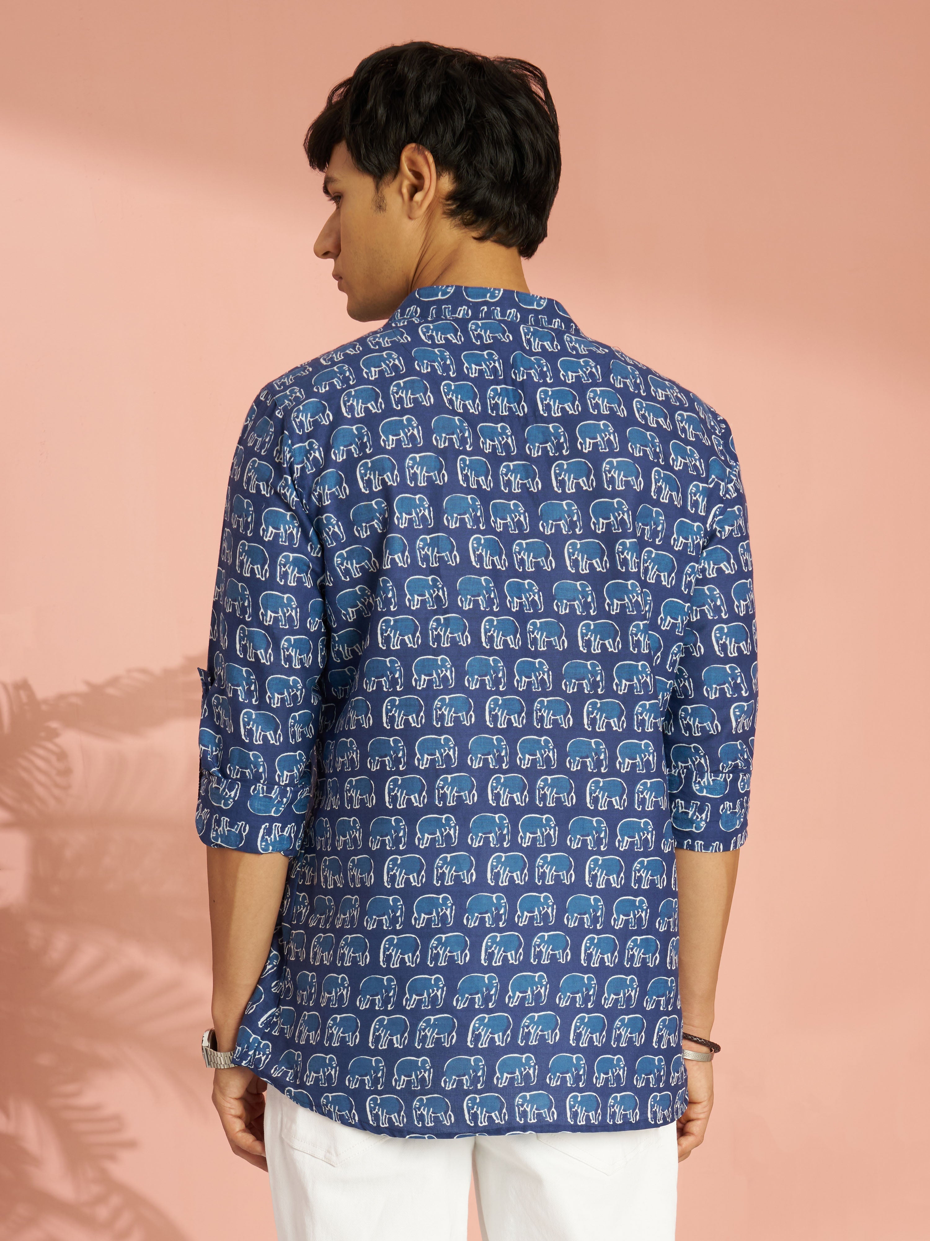 Men's Blue Indigo Animal Print Cotton Short Kurta with Band Collar