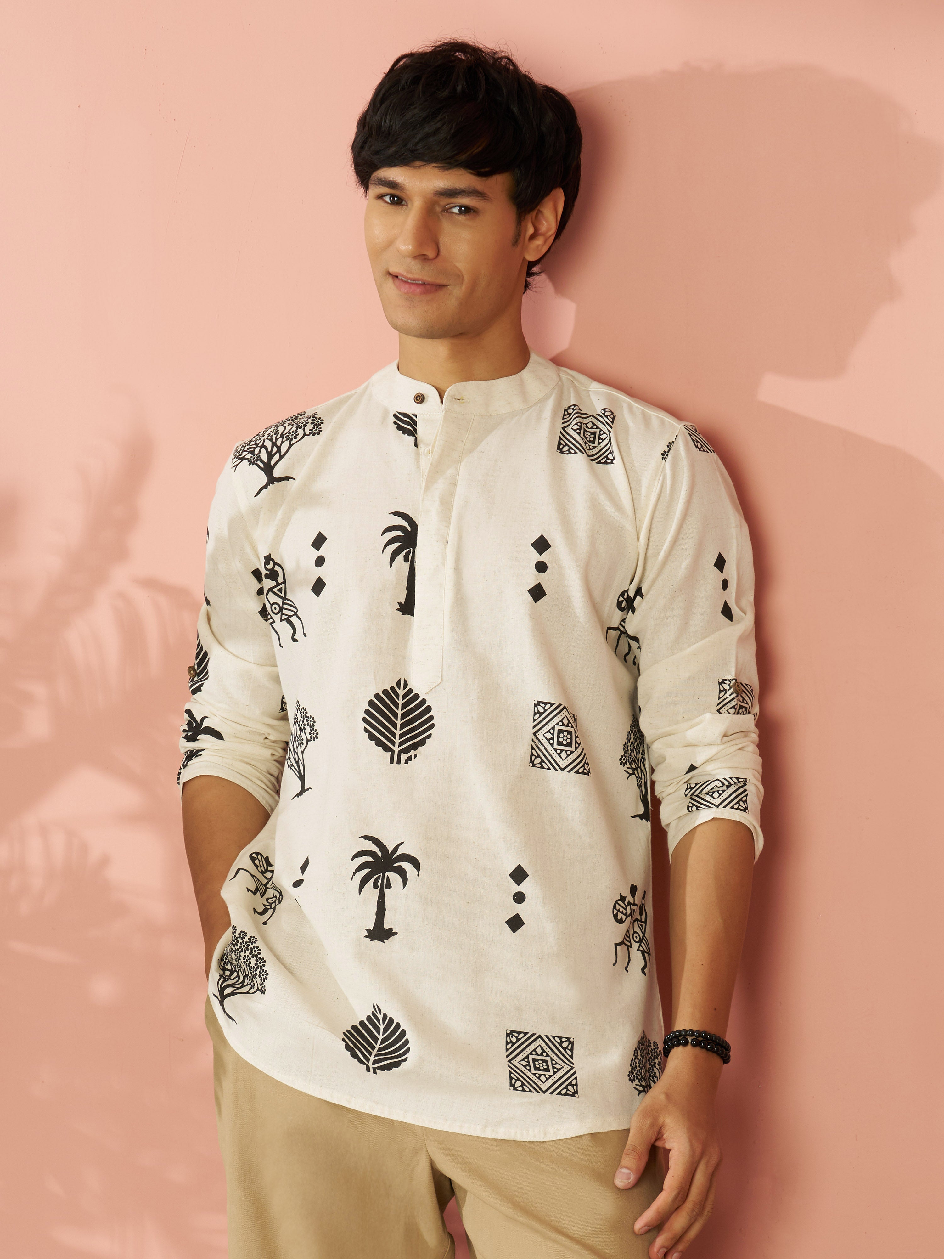 Men's Cream Block Print Cotton Floral & Figures Short Kurta
