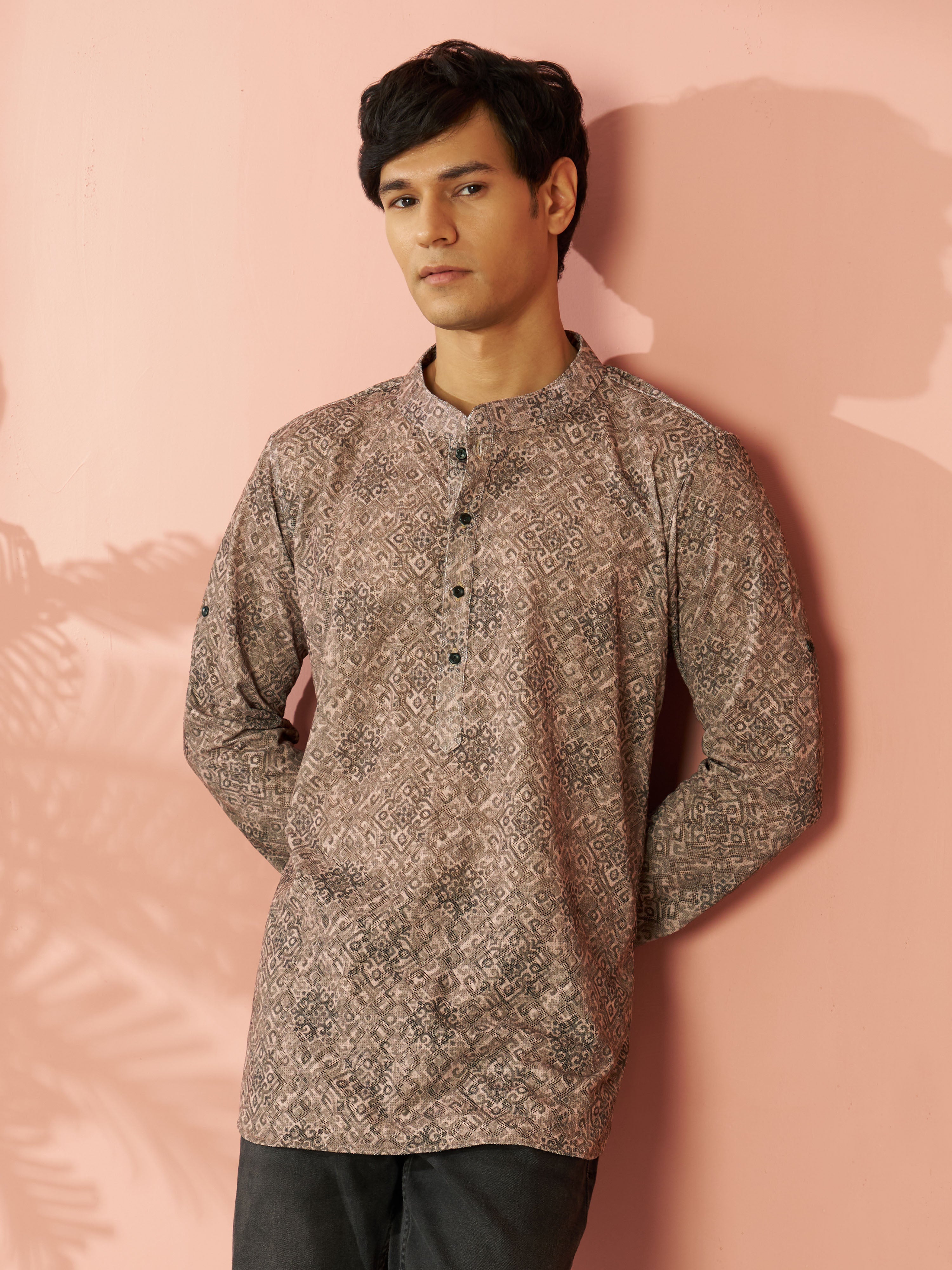 Men's Chiku Cotton Blend Ethnic Motif Printed Short Kurta with Cuffed Sleeves