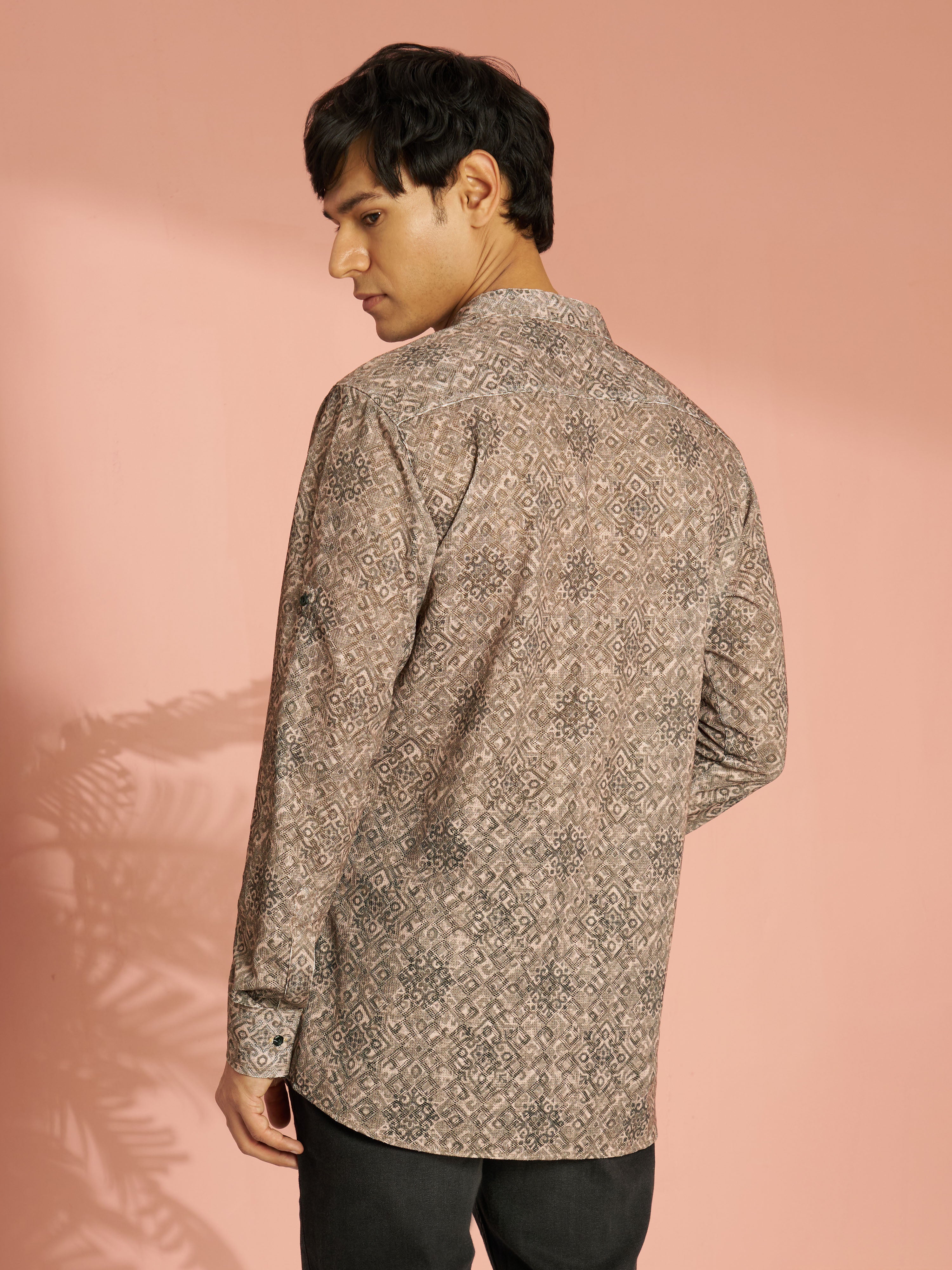Men's Chiku Cotton Blend Ethnic Motif Printed Short Kurta with Cuffed Sleeves