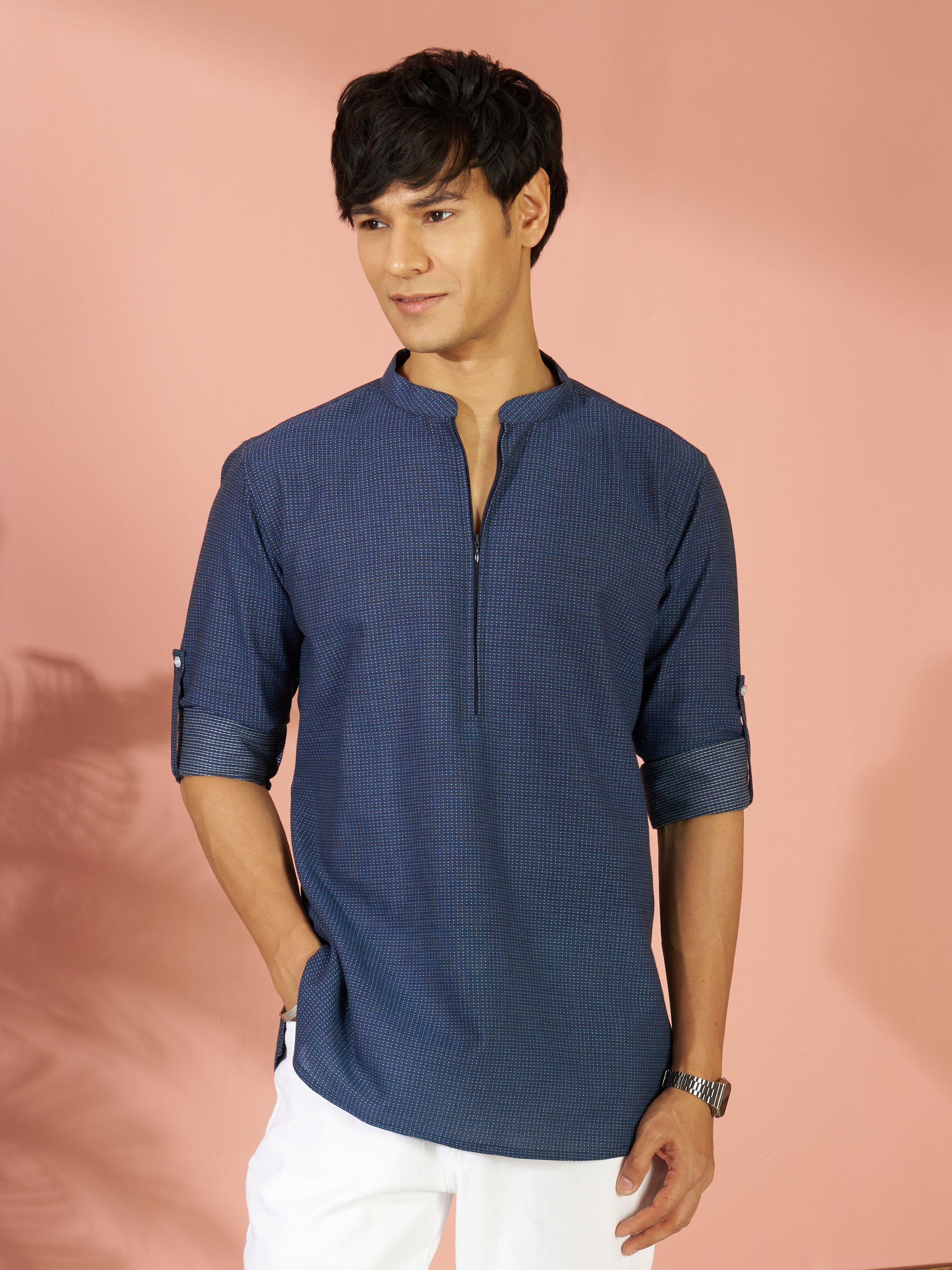 Men's Blue Cotton Jacquard Thread Embroidered Short Kurta with Zip