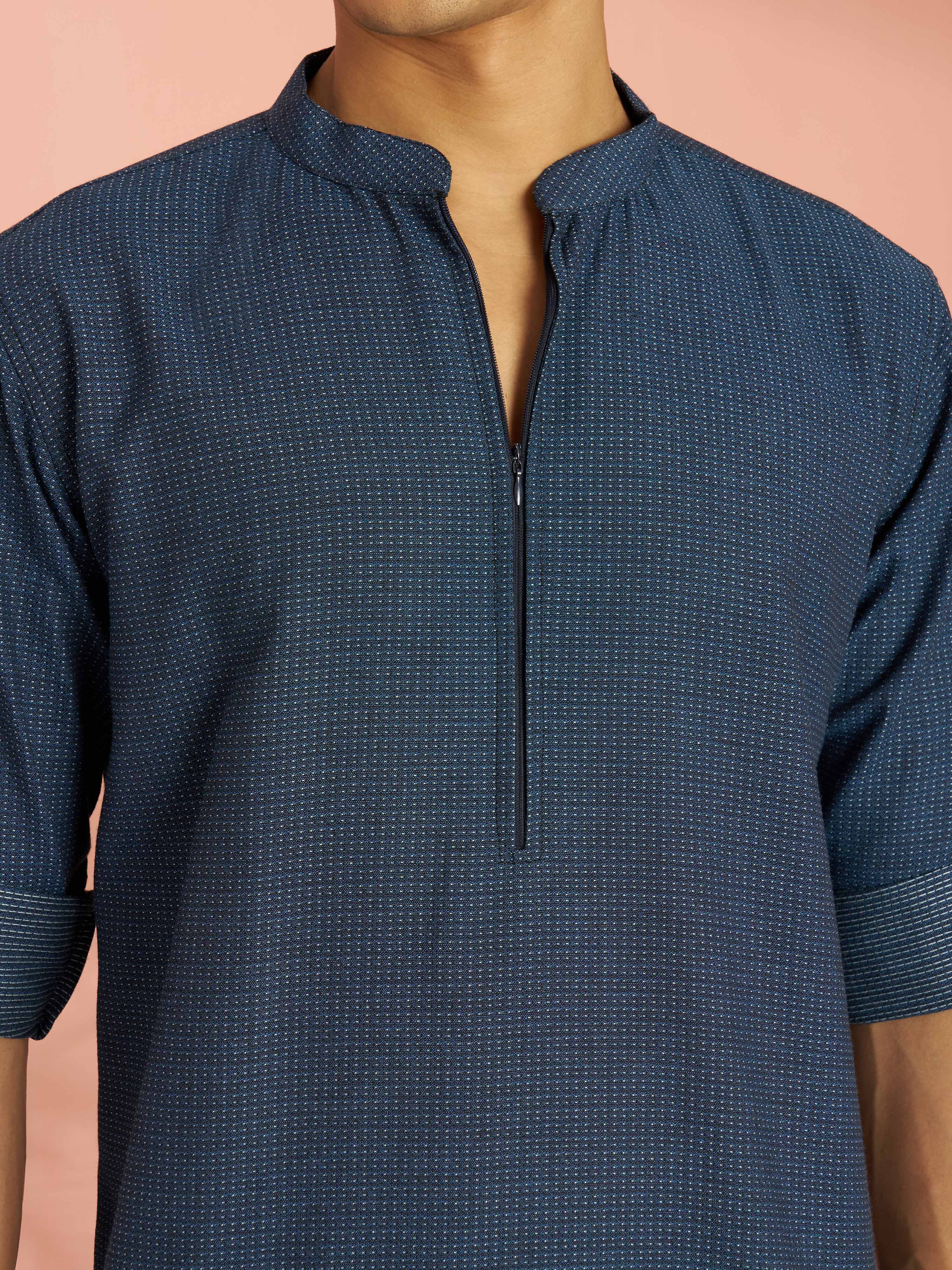 Men's Blue Cotton Jacquard Thread Embroidered Short Kurta with Zip