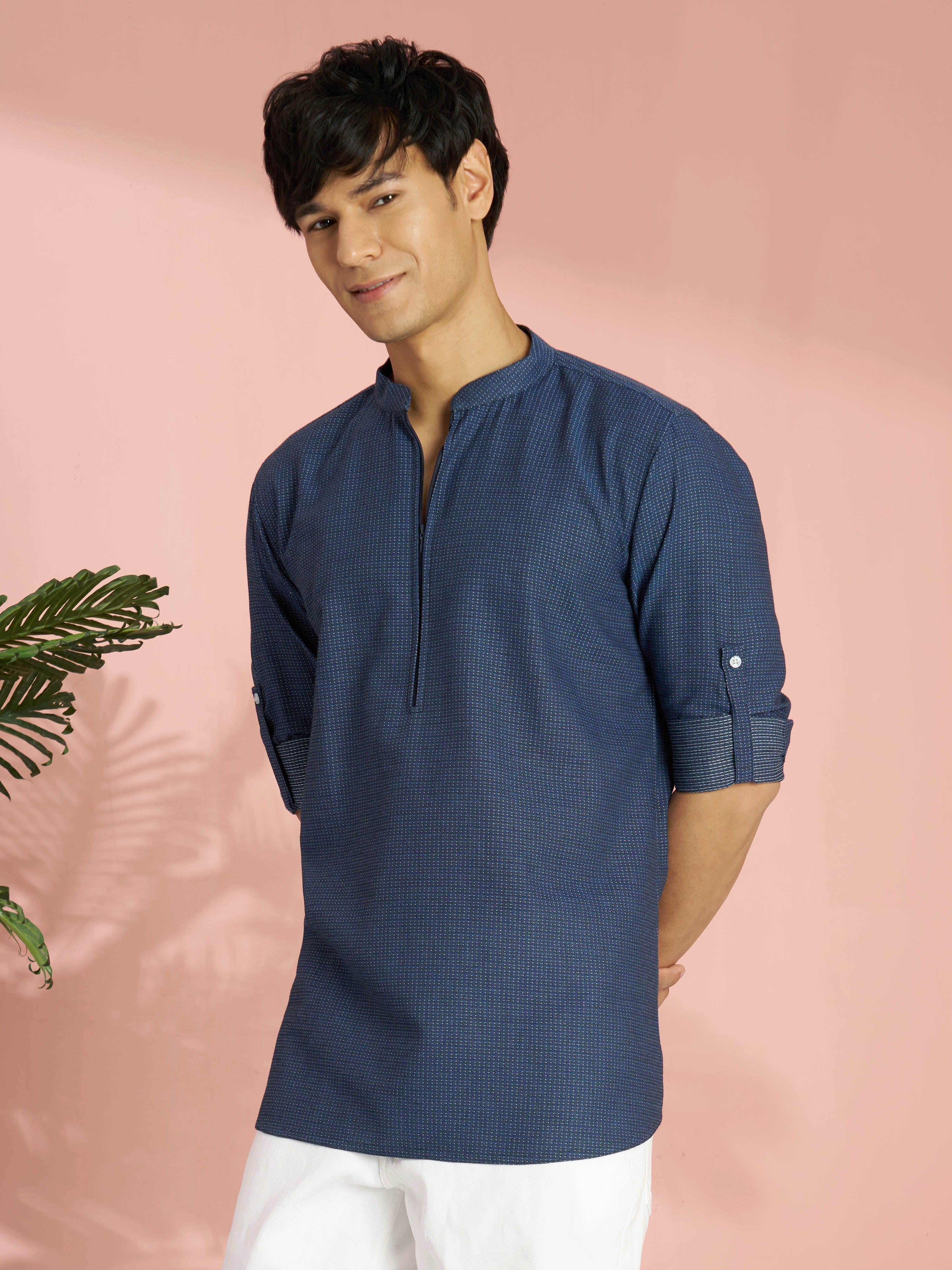 Men's Blue Cotton Jacquard Thread Embroidered Short Kurta with Zip