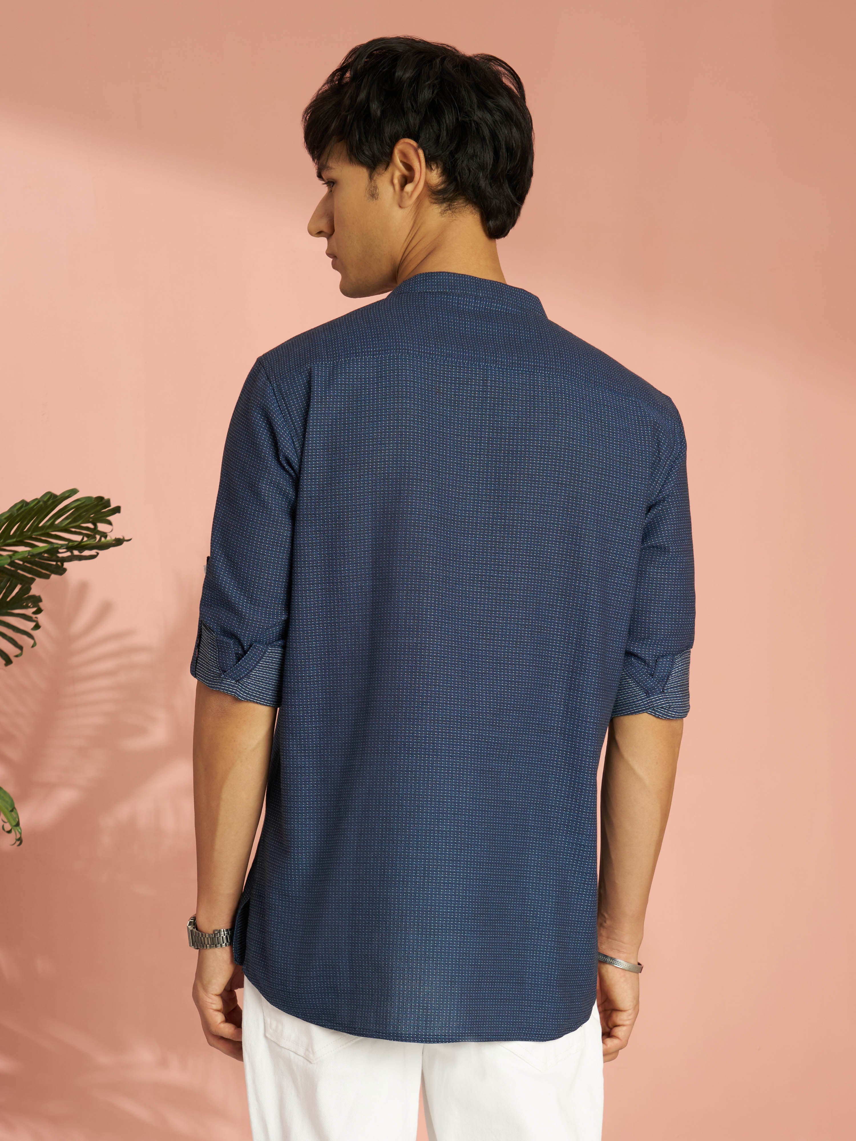 Men's Blue Cotton Jacquard Thread Embroidered Short Kurta with Zip