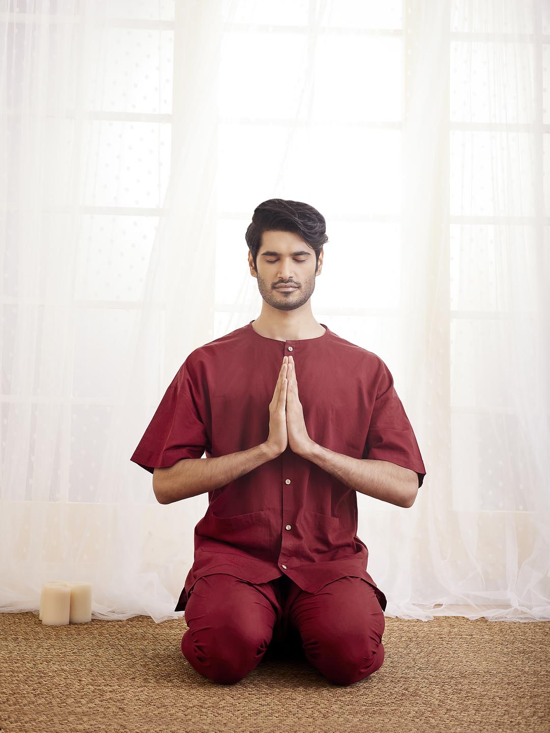 Men's Maroon Cotton Short Kurta