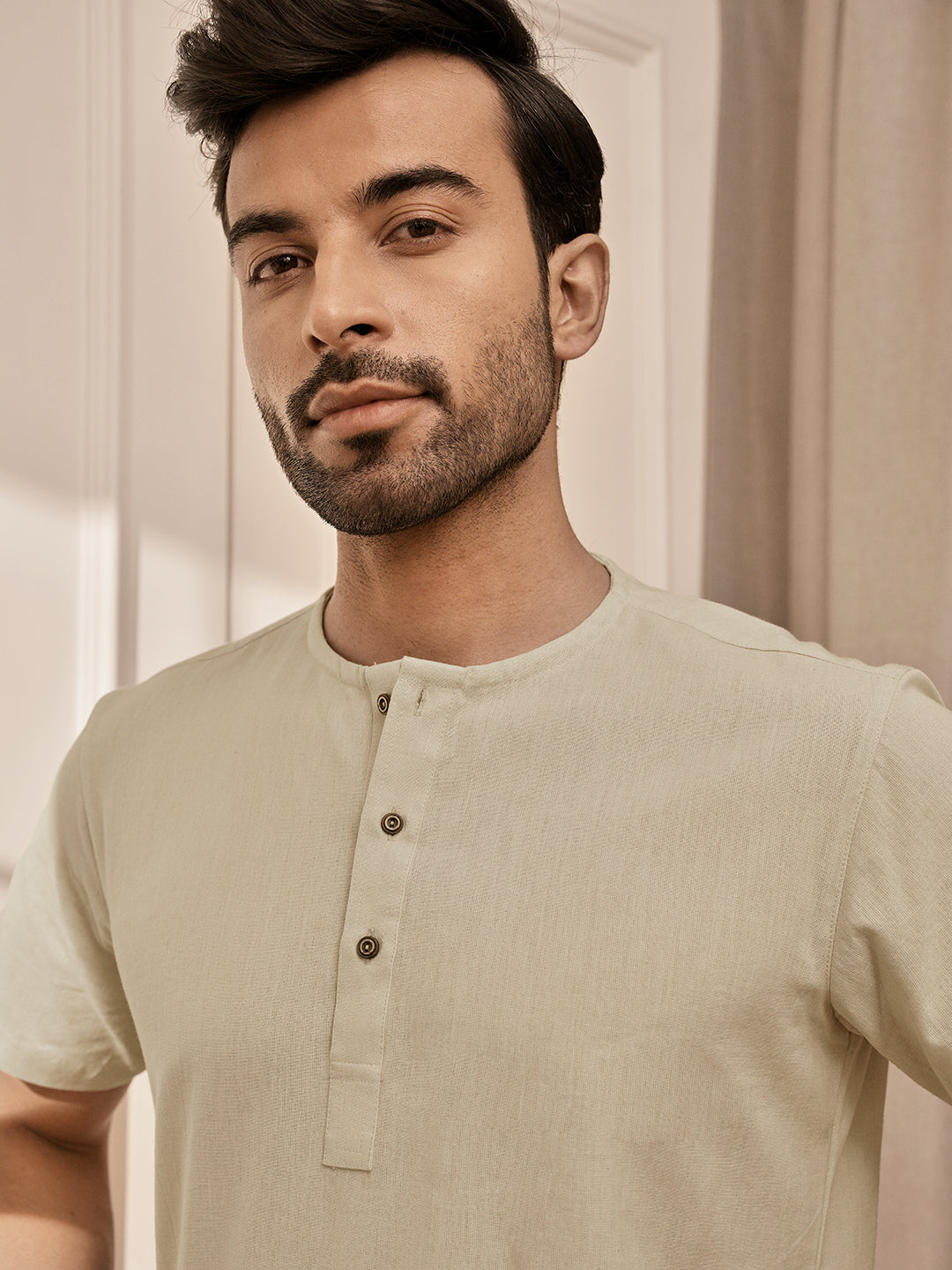 Men Beige Cotton Flex Yoga Kurta