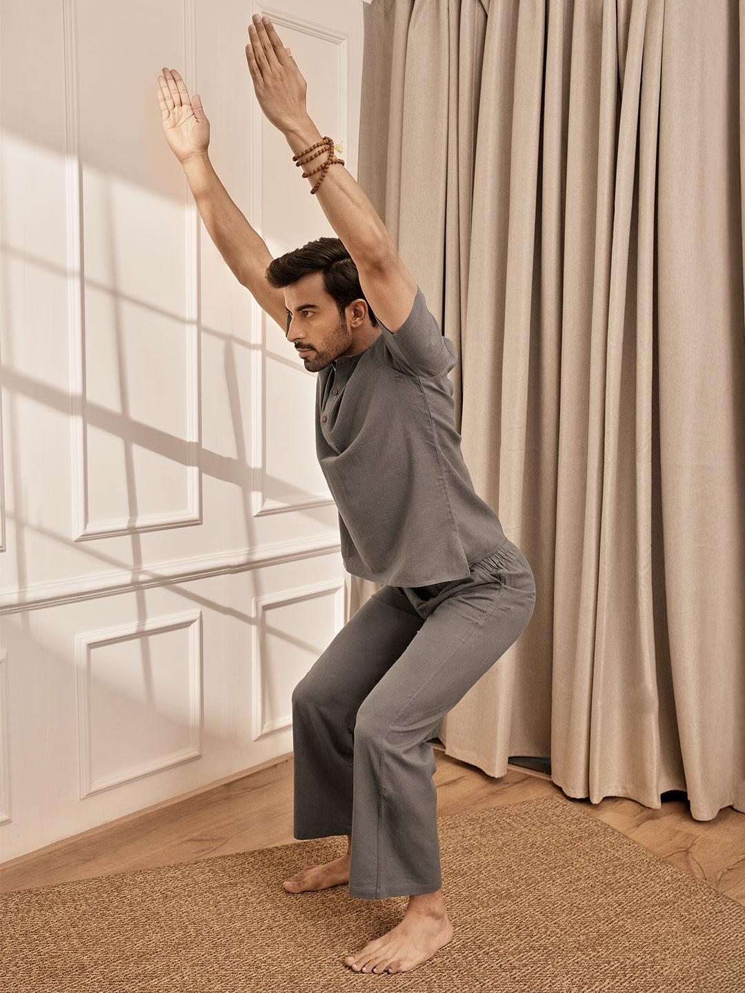 Men Mud Brown Cotton Flex Yoga Kurta