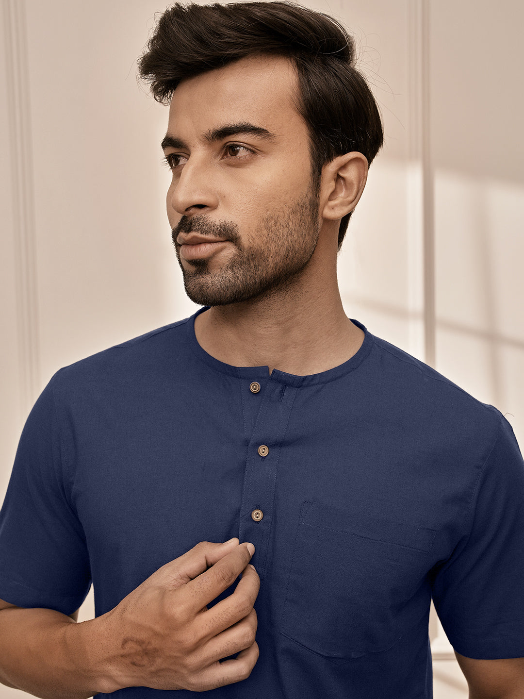 Men's Navy Blue Om Embroidered Yoga Kurta With White Palazzo Set