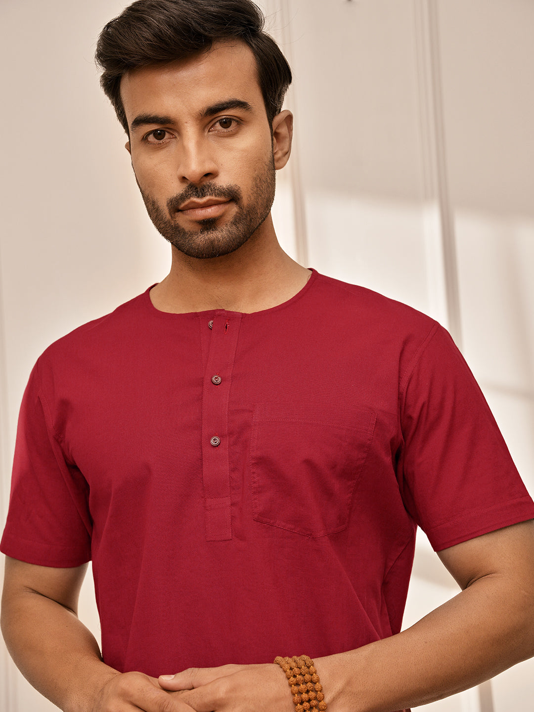 Men Red Cambric Cotton Yoga Kurta With Om Embroidery