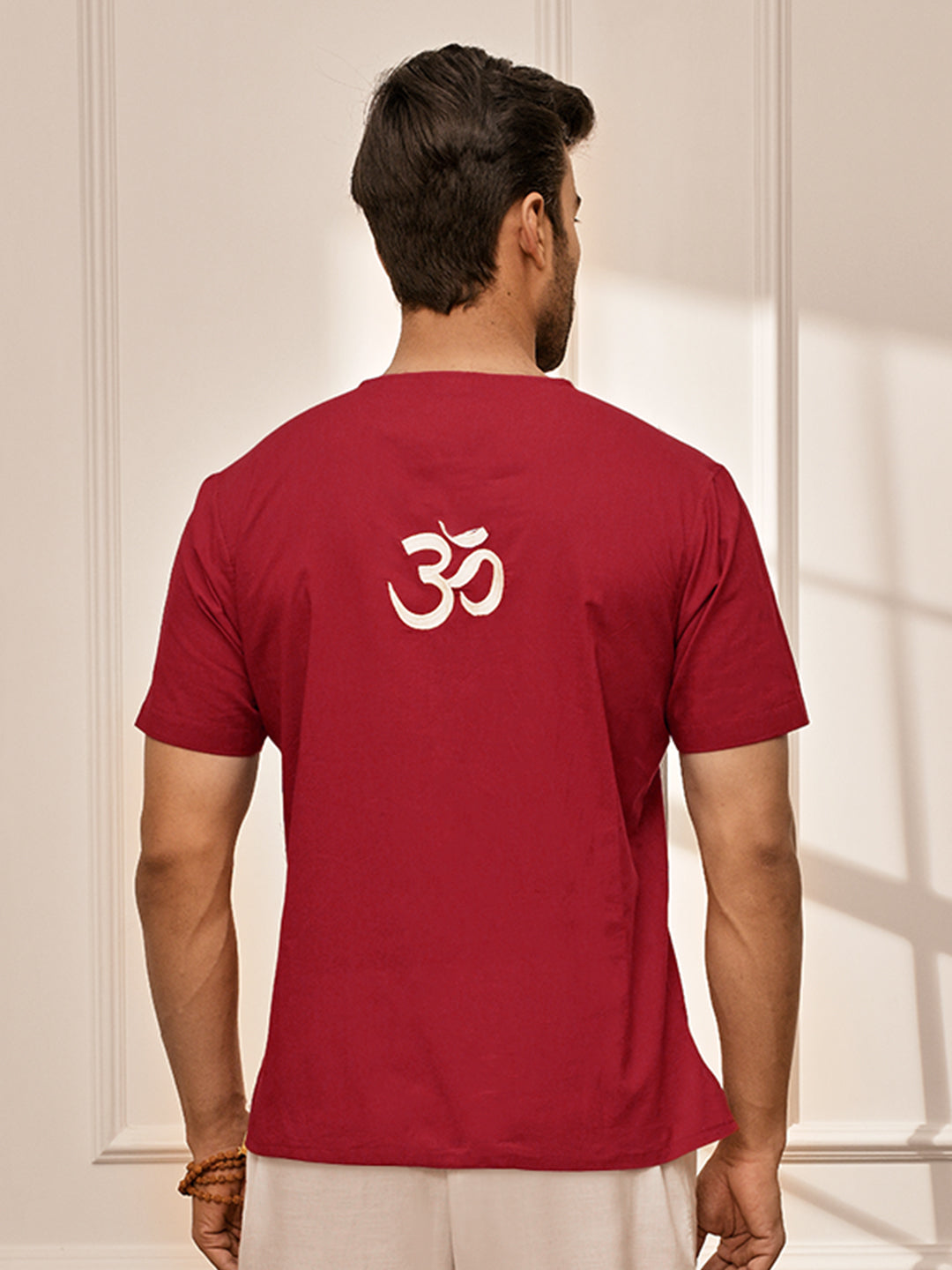 Men Red Cambric Cotton Yoga Kurta With Om Embroidery