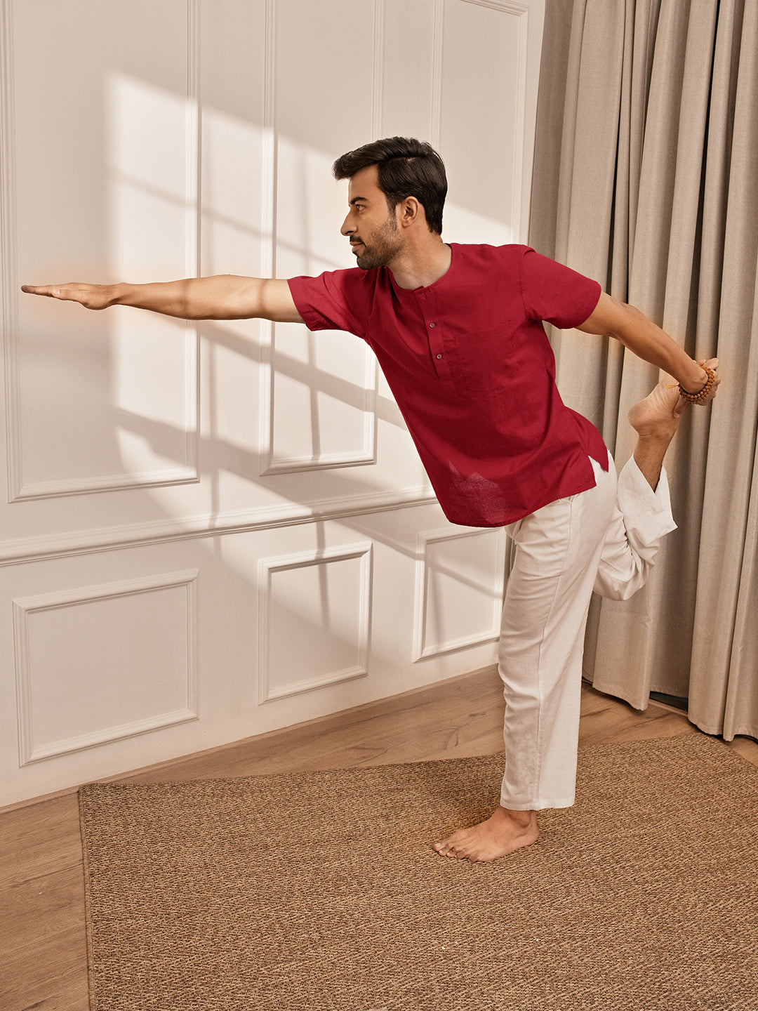 Men Red Cambric Cotton Yoga Kurta With Om Embroidery