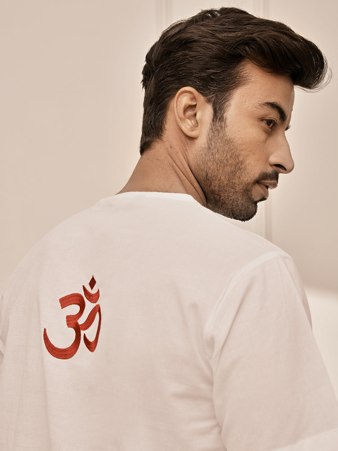 Men White Cambric Cotton Yoga Kurta With Om Embroidery