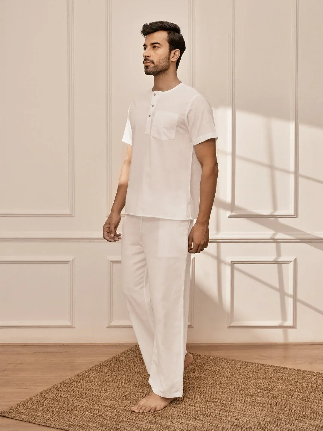 Men's White Om Embroidered Premium Yoga Kurta Palazzo Set
