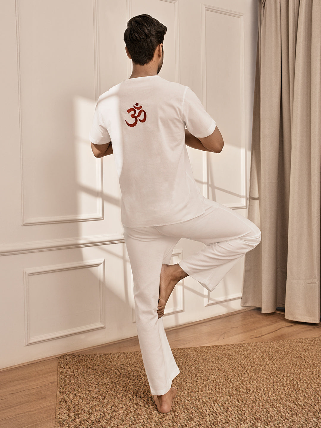 Men's White Om Embroidered Premium Yoga Kurta Palazzo Set