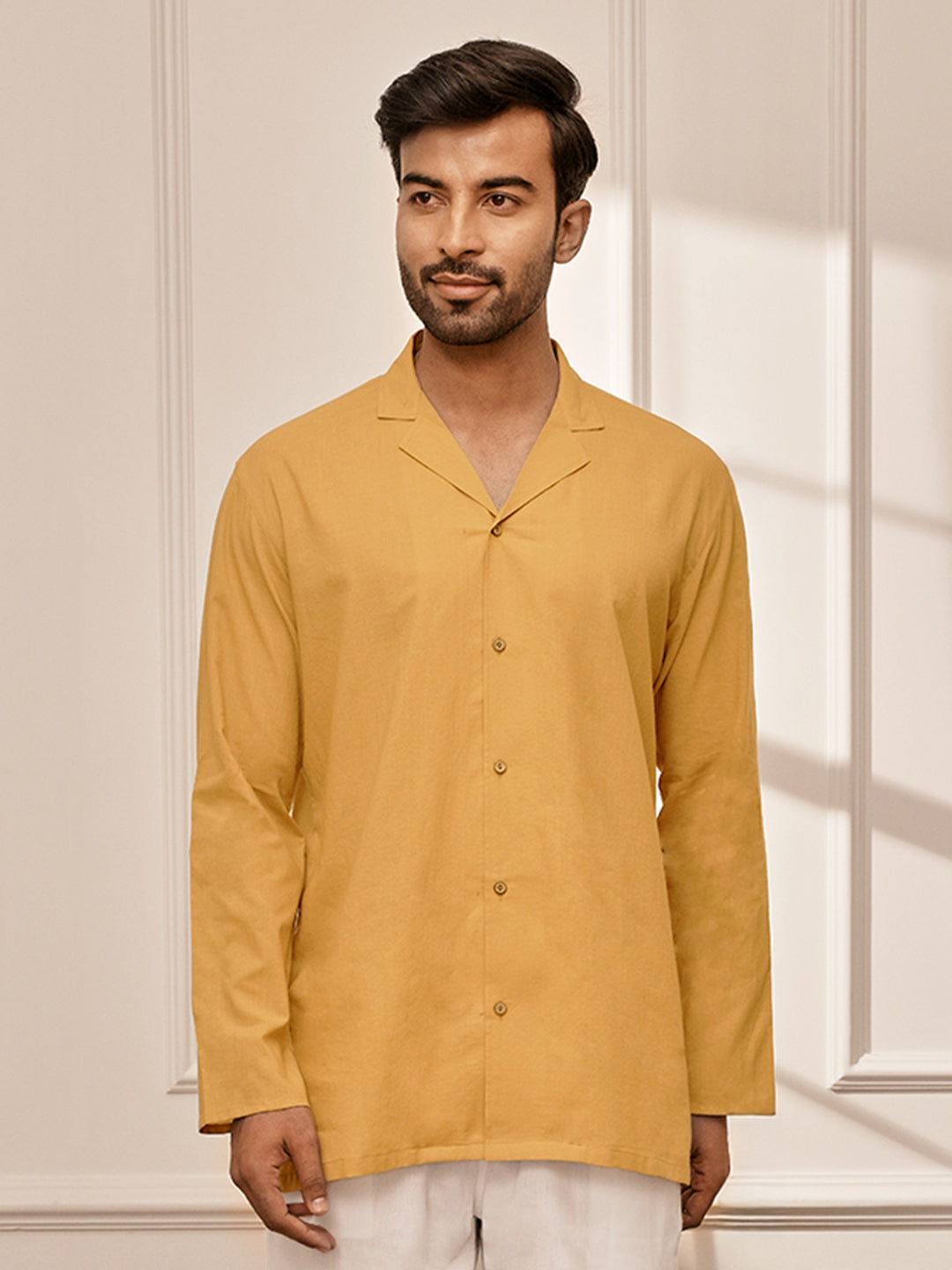 Men Mustard Cambric Cotton Full Sleeve Yoga Kurta