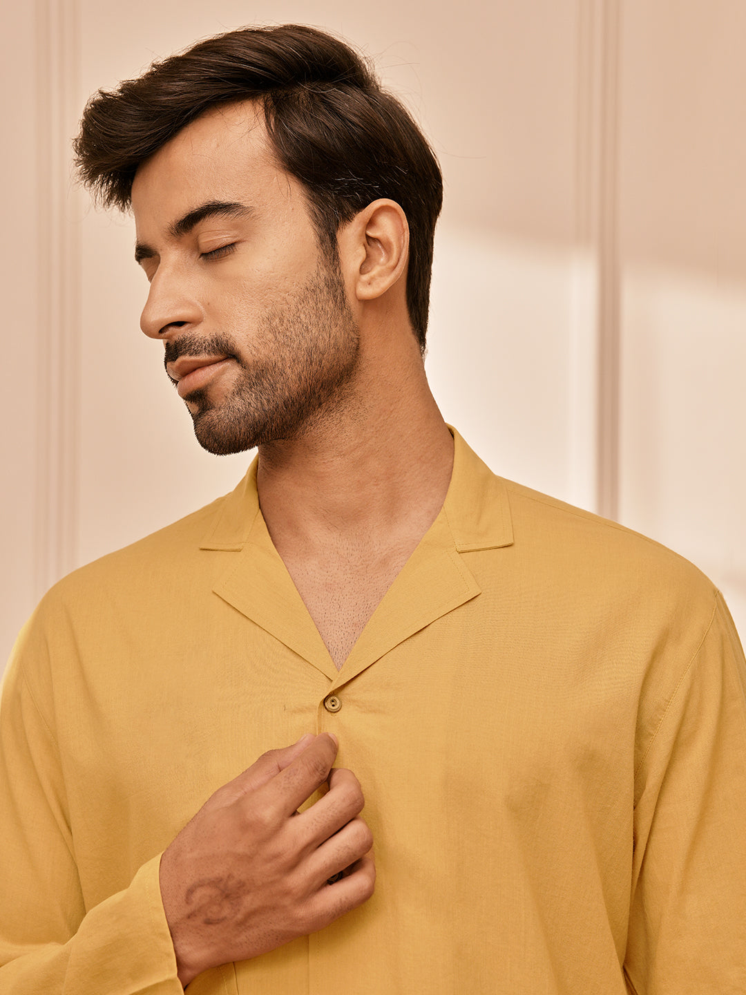 Men Mustard Cambric Cotton Full Sleeve Yoga Kurta