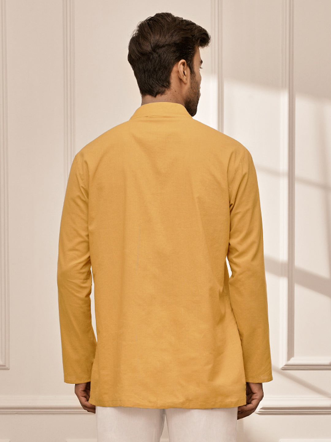 Men Mustard Cambric Cotton Full Sleeve Yoga Kurta