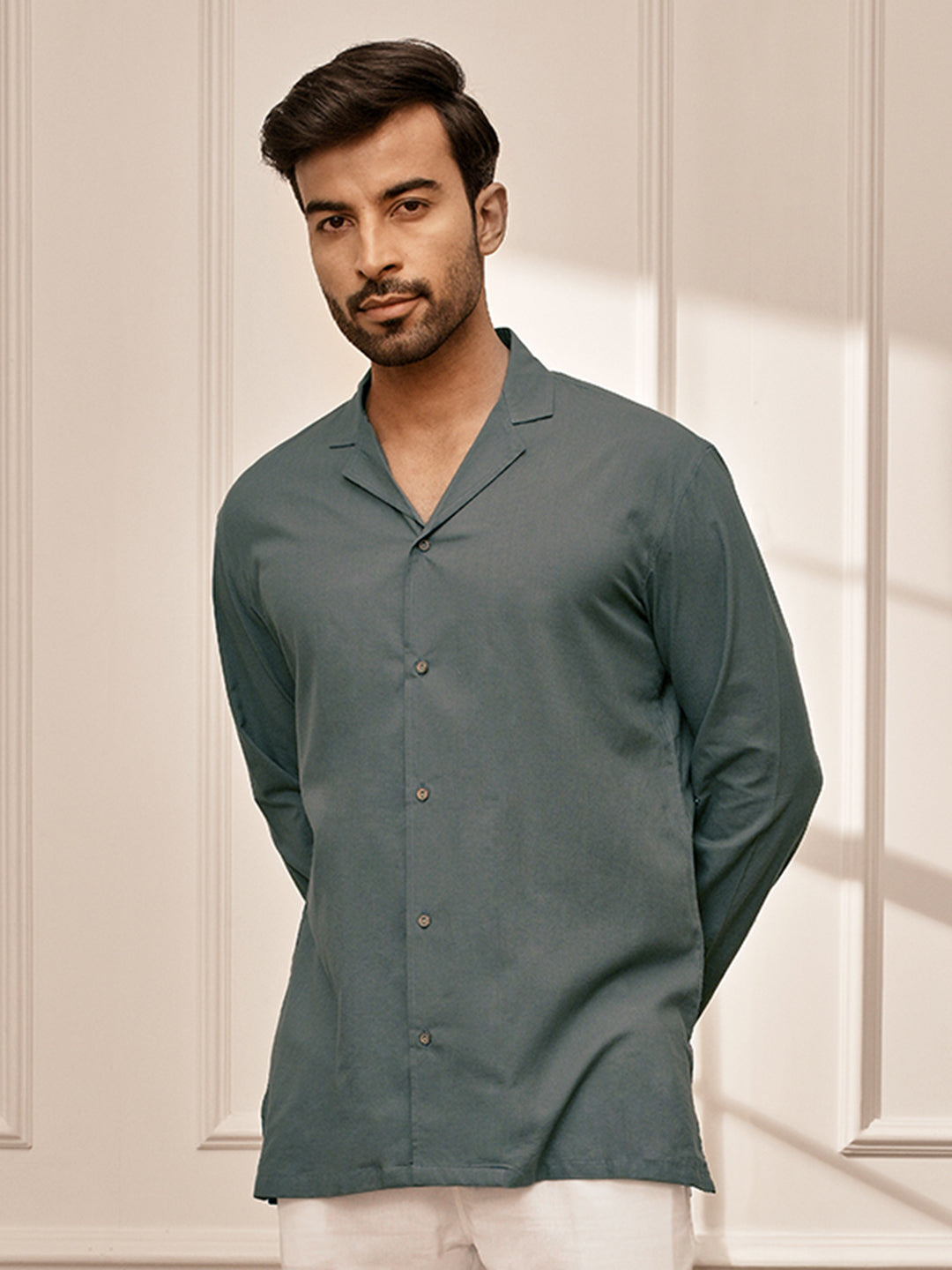 Men Sage Green Cambric Cotton Full Sleeve Yoga Kurta
