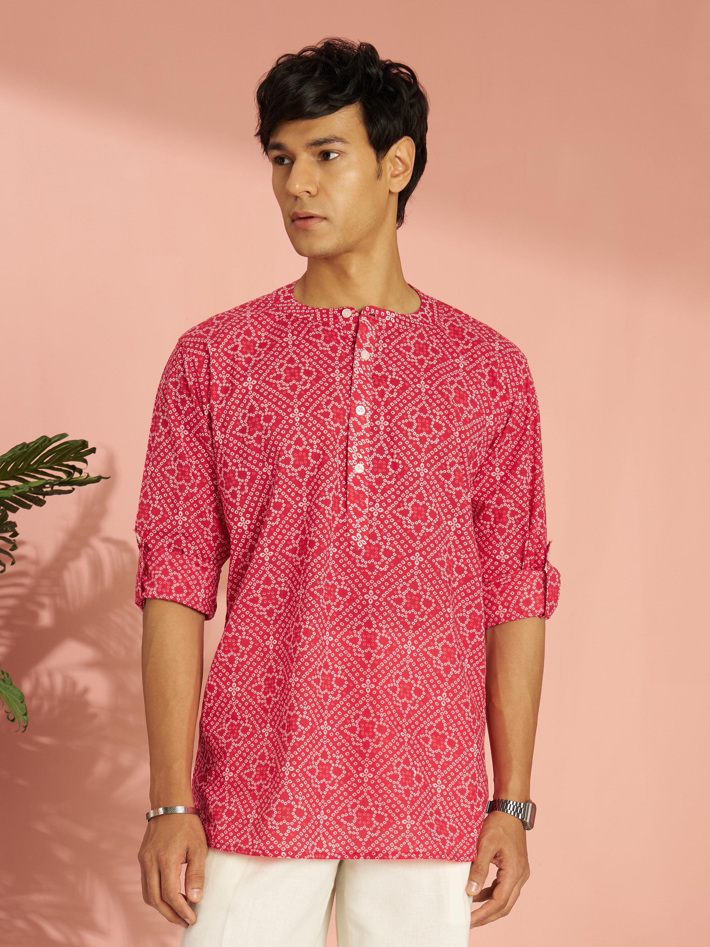 Men's Red Bandhni Flower Print Cotton Cambric Short Kurta