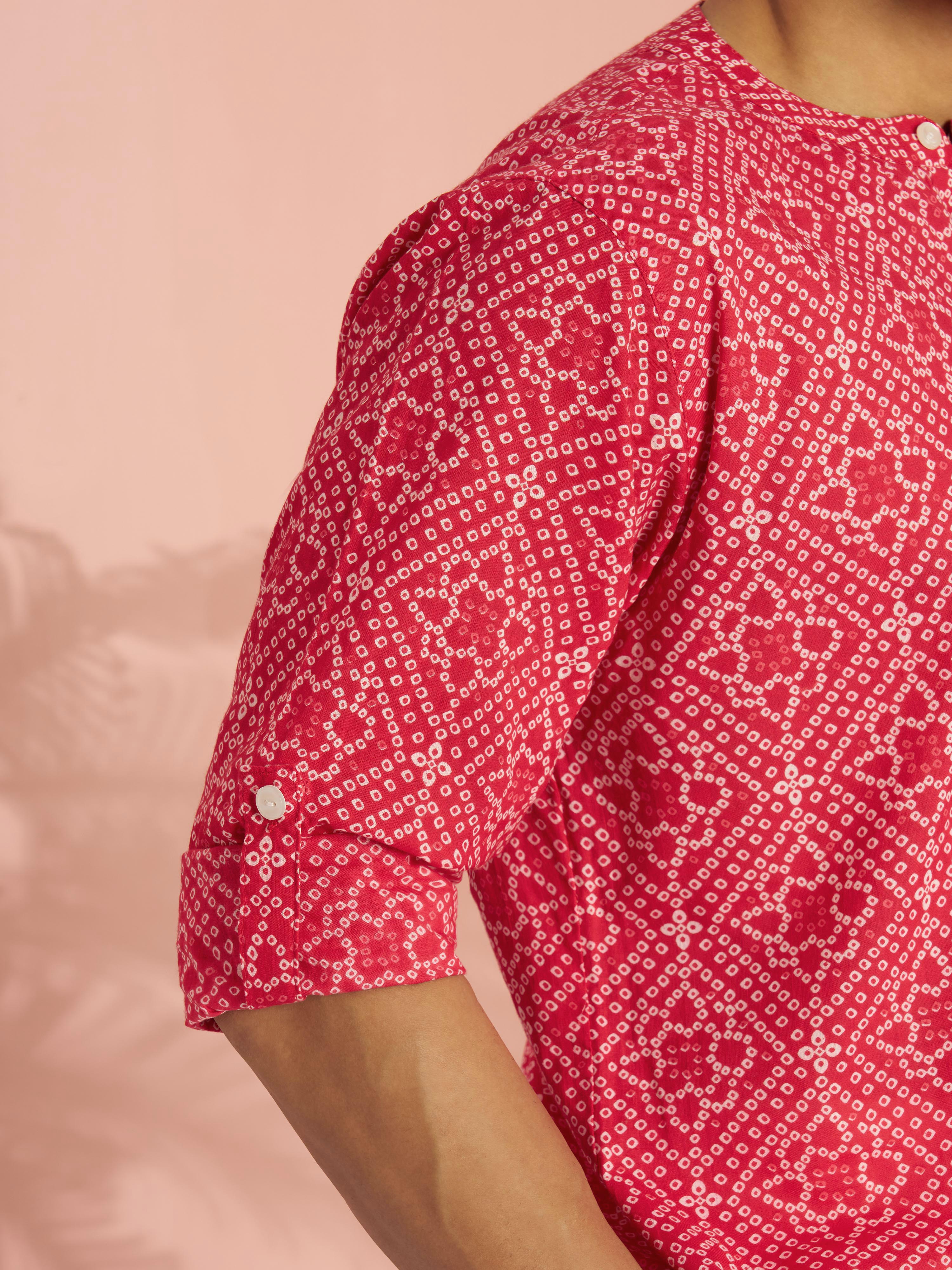 Men's Red Bandhni Flower Print Cotton Cambric Short Kurta