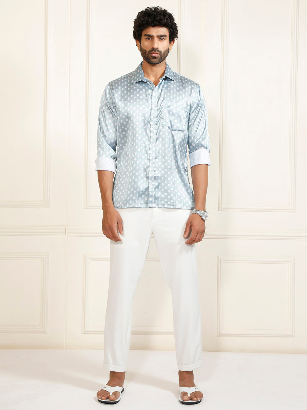Men's Grey And White Satin Ethnic Shirt